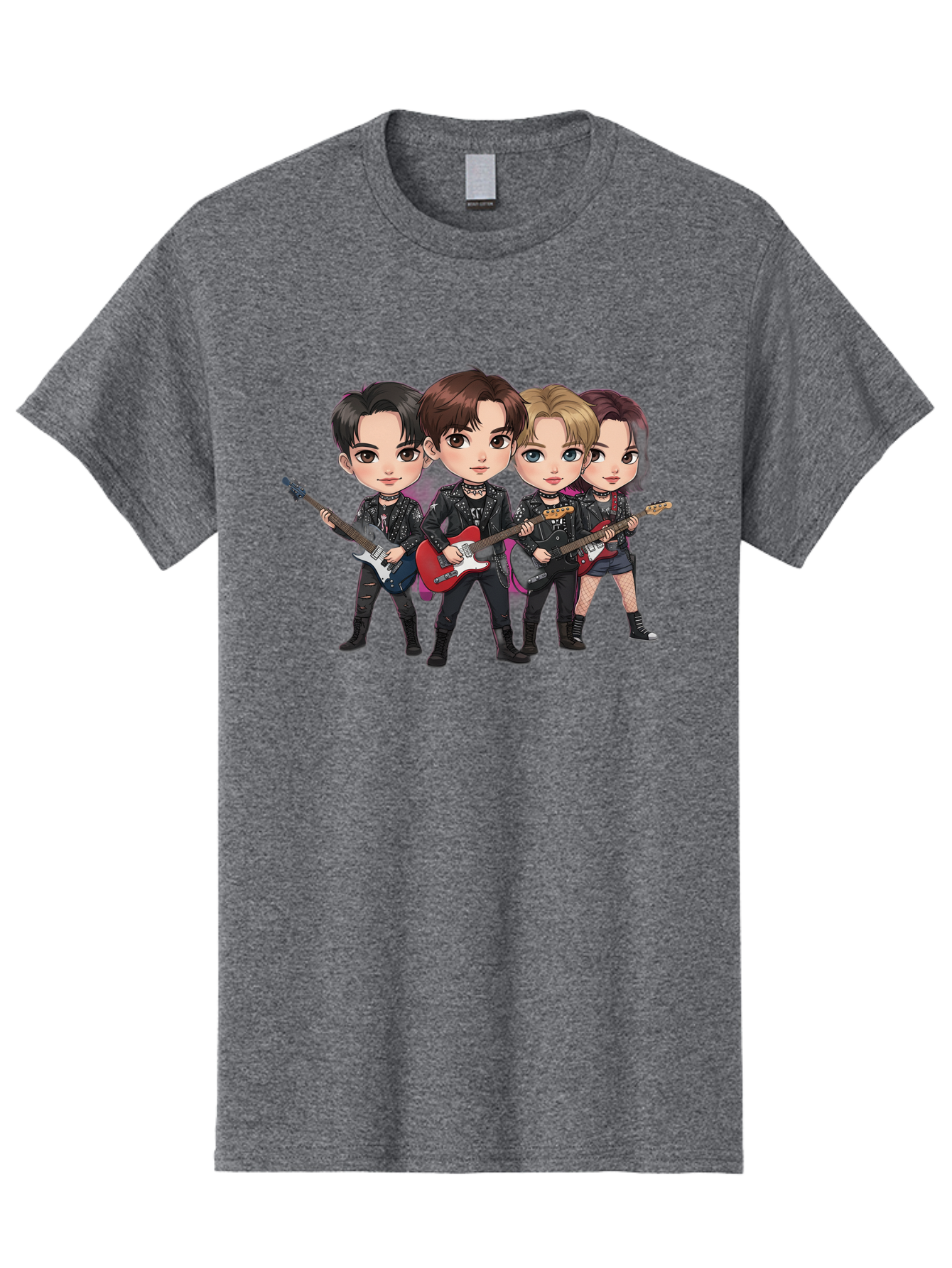 K-Pop-Band Men'S Graphic Tee, 100% Cotton, Comfortable Casual Summer Wear, Machine Washable, Cartoon Rock Band, Four Members, Guitars, Black Outfits, Rock Music, Band Performance, Chibi Style, Youthful Energy, Black Hair, Brown Hair, Bac087