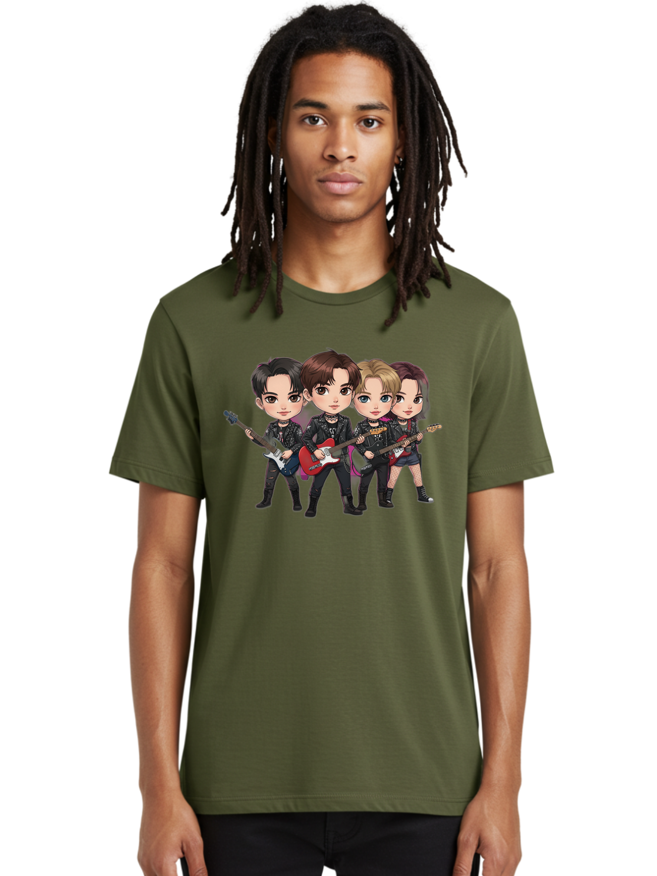 K-Pop-Band Men'S Graphic Tee, 100% Cotton, Comfortable Casual Summer Wear, Machine Washable, Cartoon Rock Band, Four Members, Guitars, Black Outfits, Rock Music, Band Performance, Chibi Style, Youthful Energy, Black Hair, Brown Hair, Bac087