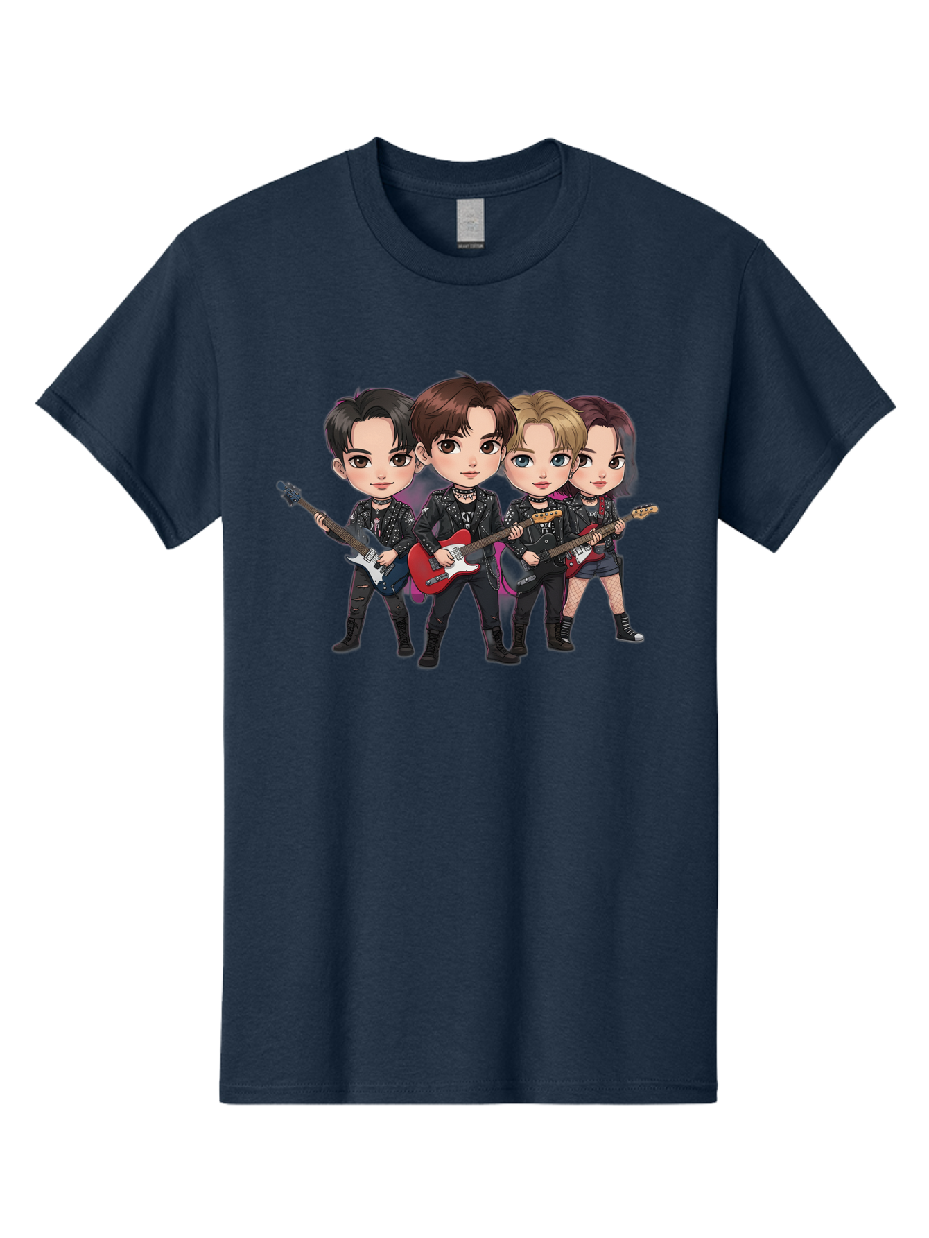 K-Pop-Band Men'S Graphic Tee, 100% Cotton, Comfortable Casual Summer Wear, Machine Washable, Cartoon Rock Band, Four Members, Guitars, Black Outfits, Rock Music, Band Performance, Chibi Style, Youthful Energy, Black Hair, Brown Hair, Bac087