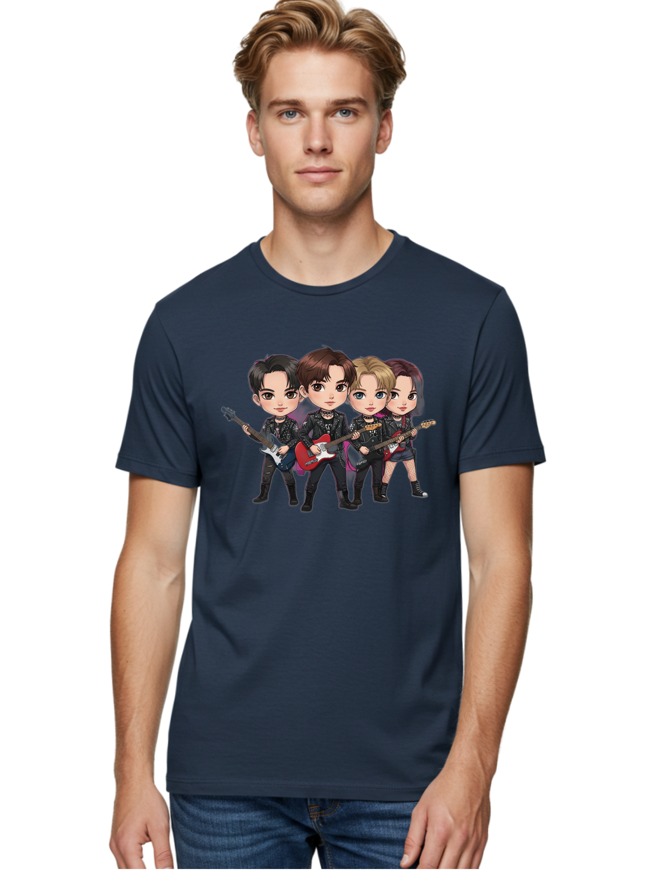 K-Pop-Band Men'S Graphic Tee, 100% Cotton, Comfortable Casual Summer Wear, Machine Washable, Cartoon Rock Band, Four Members, Guitars, Black Outfits, Rock Music, Band Performance, Chibi Style, Youthful Energy, Black Hair, Brown Hair, Bac087