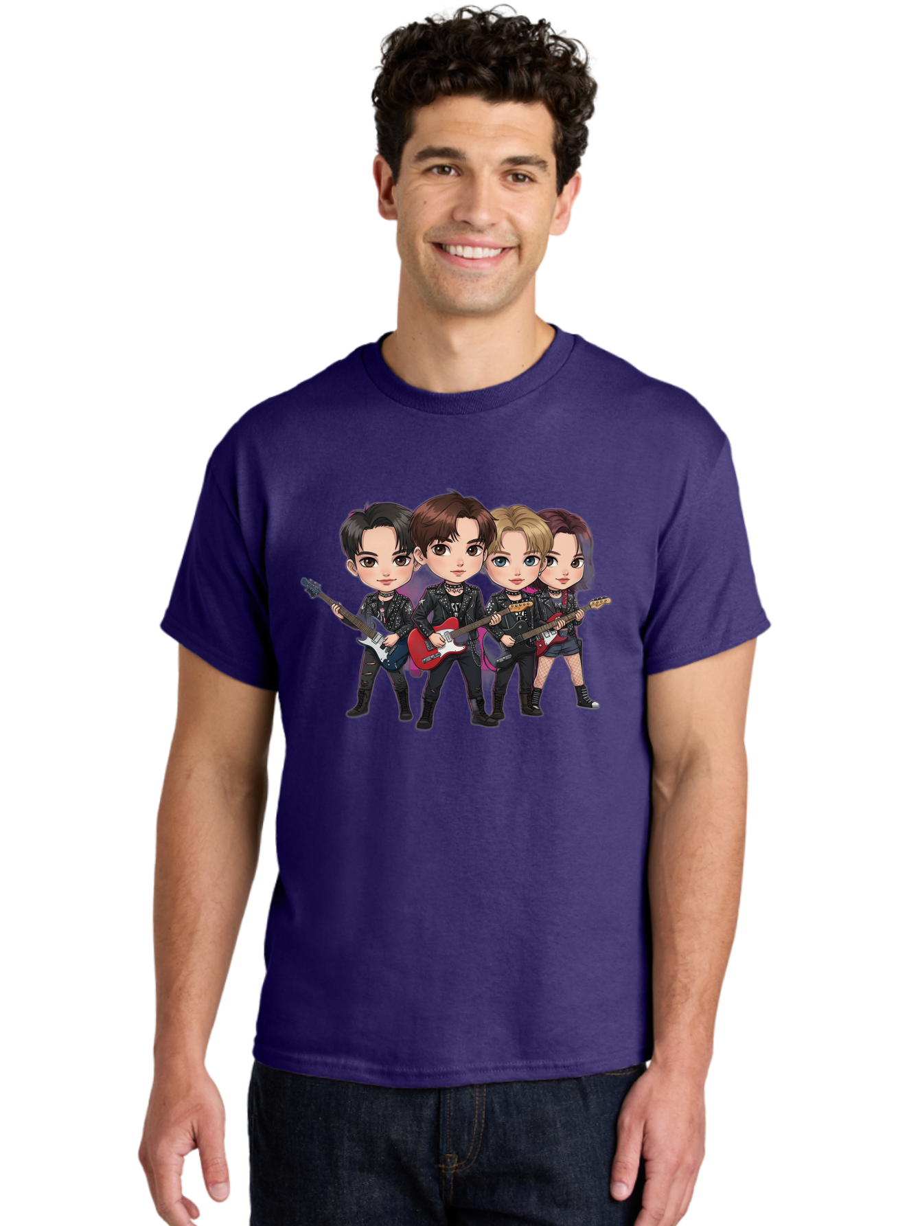 K-Pop-Band Men'S Graphic Tee, 100% Cotton, Comfortable Casual Summer Wear, Machine Washable, Cartoon Rock Band, Four Members, Guitars, Black Outfits, Rock Music, Band Performance, Chibi Style, Youthful Energy, Black Hair, Brown Hair, Bac087