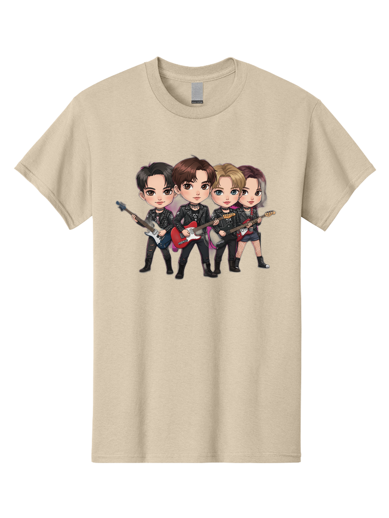 K-Pop-Band Men'S Graphic Tee, 100% Cotton, Comfortable Casual Summer Wear, Machine Washable, Cartoon Rock Band, Four Members, Guitars, Black Outfits, Rock Music, Band Performance, Chibi Style, Youthful Energy, Black Hair, Brown Hair, Bac087