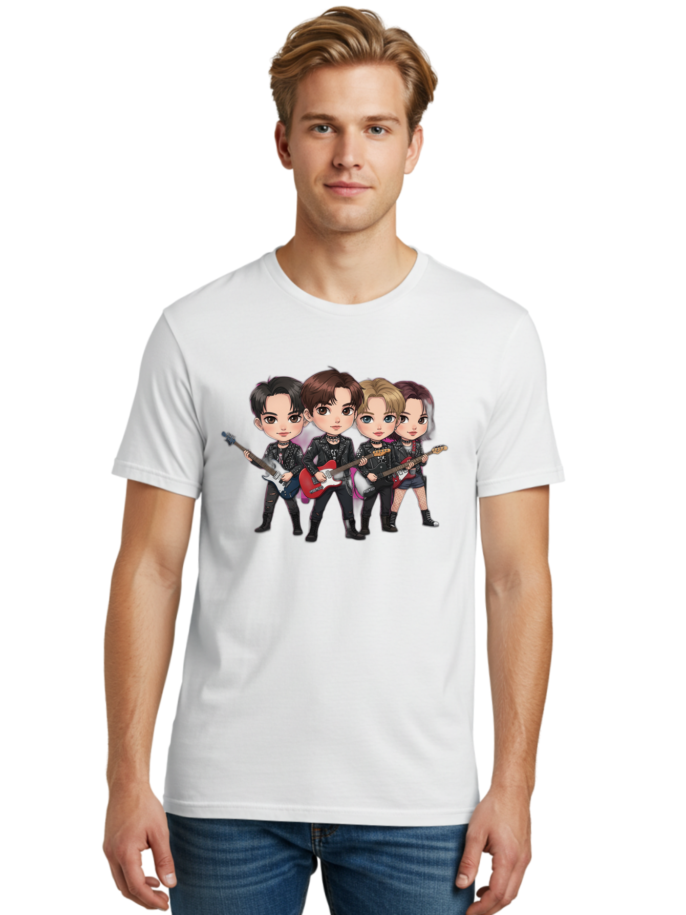 K-Pop-Band Men'S Graphic Tee, 100% Cotton, Comfortable Casual Summer Wear, Machine Washable, Cartoon Rock Band, Four Members, Guitars, Black Outfits, Rock Music, Band Performance, Chibi Style, Youthful Energy, Black Hair, Brown Hair, Bac087