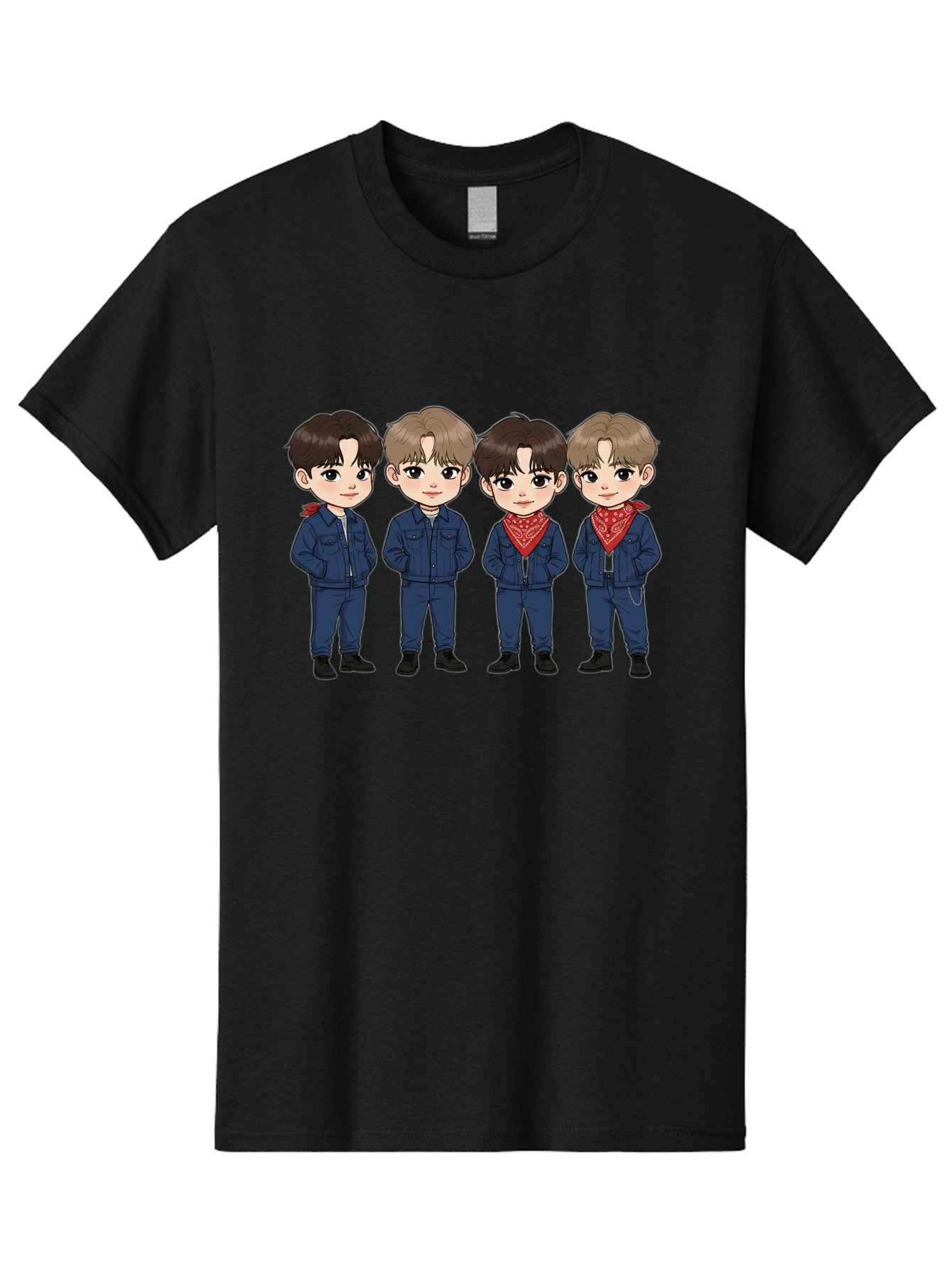 K-Pop-Boys Men'S Graphic Tee, 100% Cotton, Comfortable Casual Summer Wear, Machine Washable, Cartoon Boys, K-Pop Style, Blue Denim Outfits, Red Bandanas, Anime-Inspired Characters, Trendy Fashion, Youthful Energy, Group Portrait, Chibi Art, Bac088