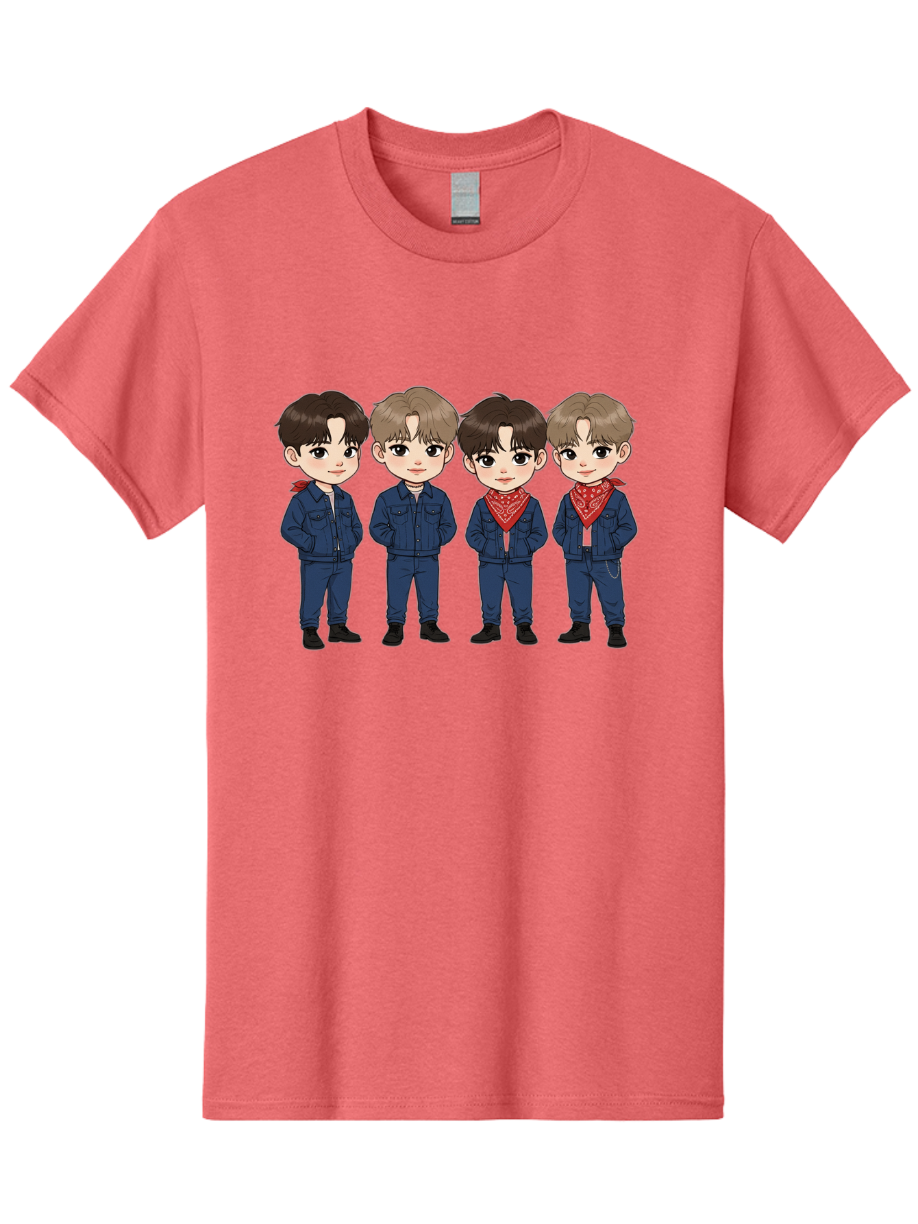 K-Pop-Boys Men'S Graphic Tee, 100% Cotton, Comfortable Casual Summer Wear, Machine Washable, Cartoon Boys, K-Pop Style, Blue Denim Outfits, Red Bandanas, Anime-Inspired Characters, Trendy Fashion, Youthful Energy, Group Portrait, Chibi Art, Bac088