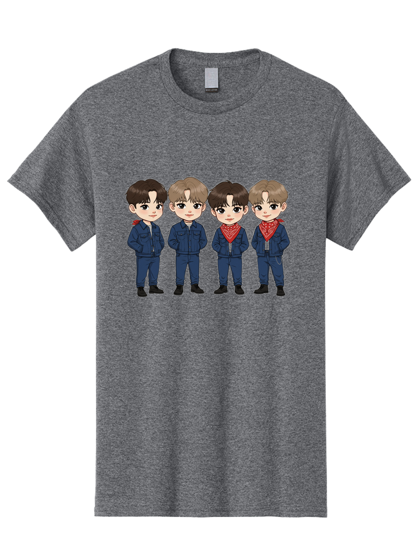 K-Pop-Boys Men'S Graphic Tee, 100% Cotton, Comfortable Casual Summer Wear, Machine Washable, Cartoon Boys, K-Pop Style, Blue Denim Outfits, Red Bandanas, Anime-Inspired Characters, Trendy Fashion, Youthful Energy, Group Portrait, Chibi Art, Bac088