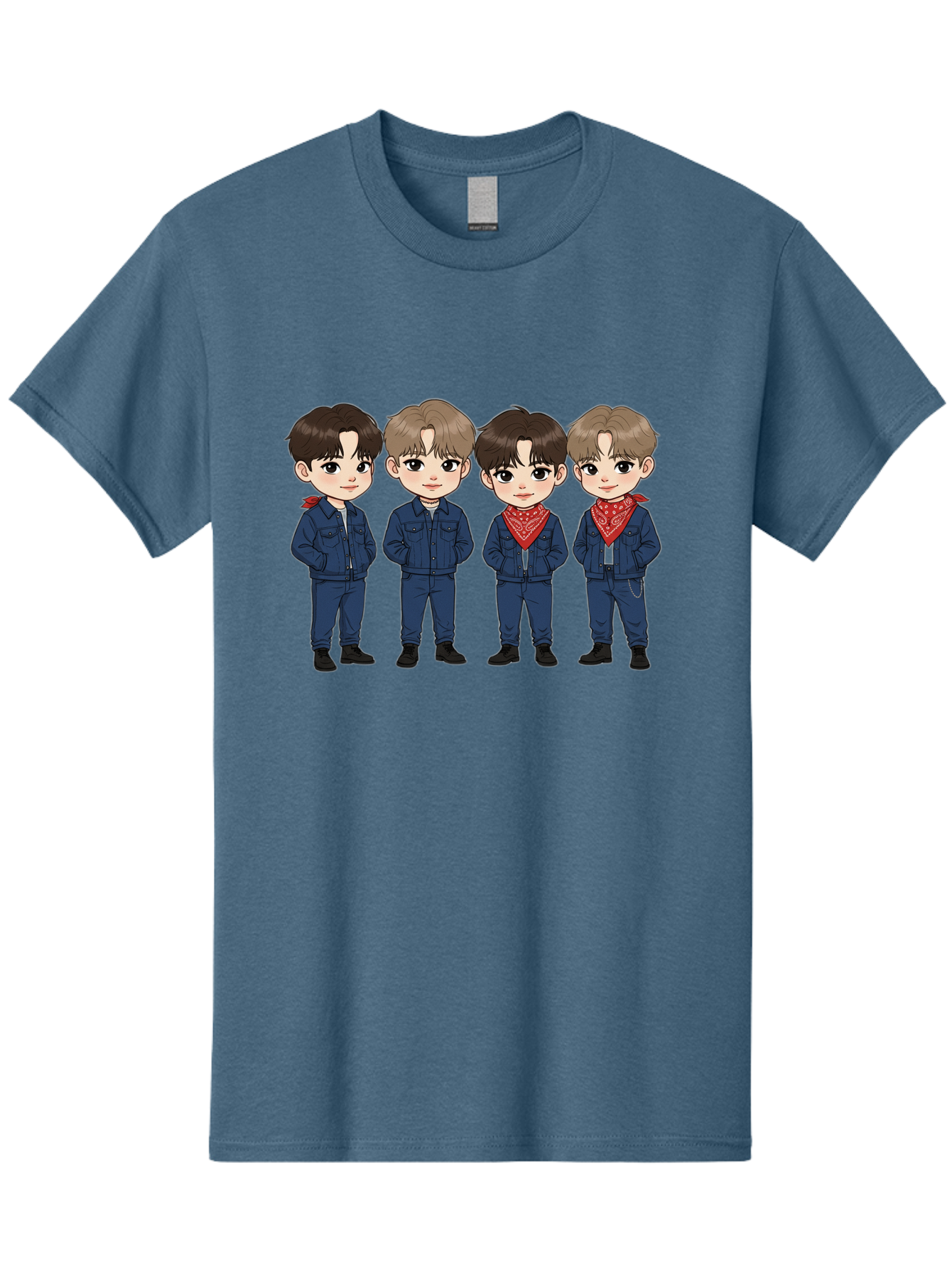 K-Pop-Boys Men'S Graphic Tee, 100% Cotton, Comfortable Casual Summer Wear, Machine Washable, Cartoon Boys, K-Pop Style, Blue Denim Outfits, Red Bandanas, Anime-Inspired Characters, Trendy Fashion, Youthful Energy, Group Portrait, Chibi Art, Bac088