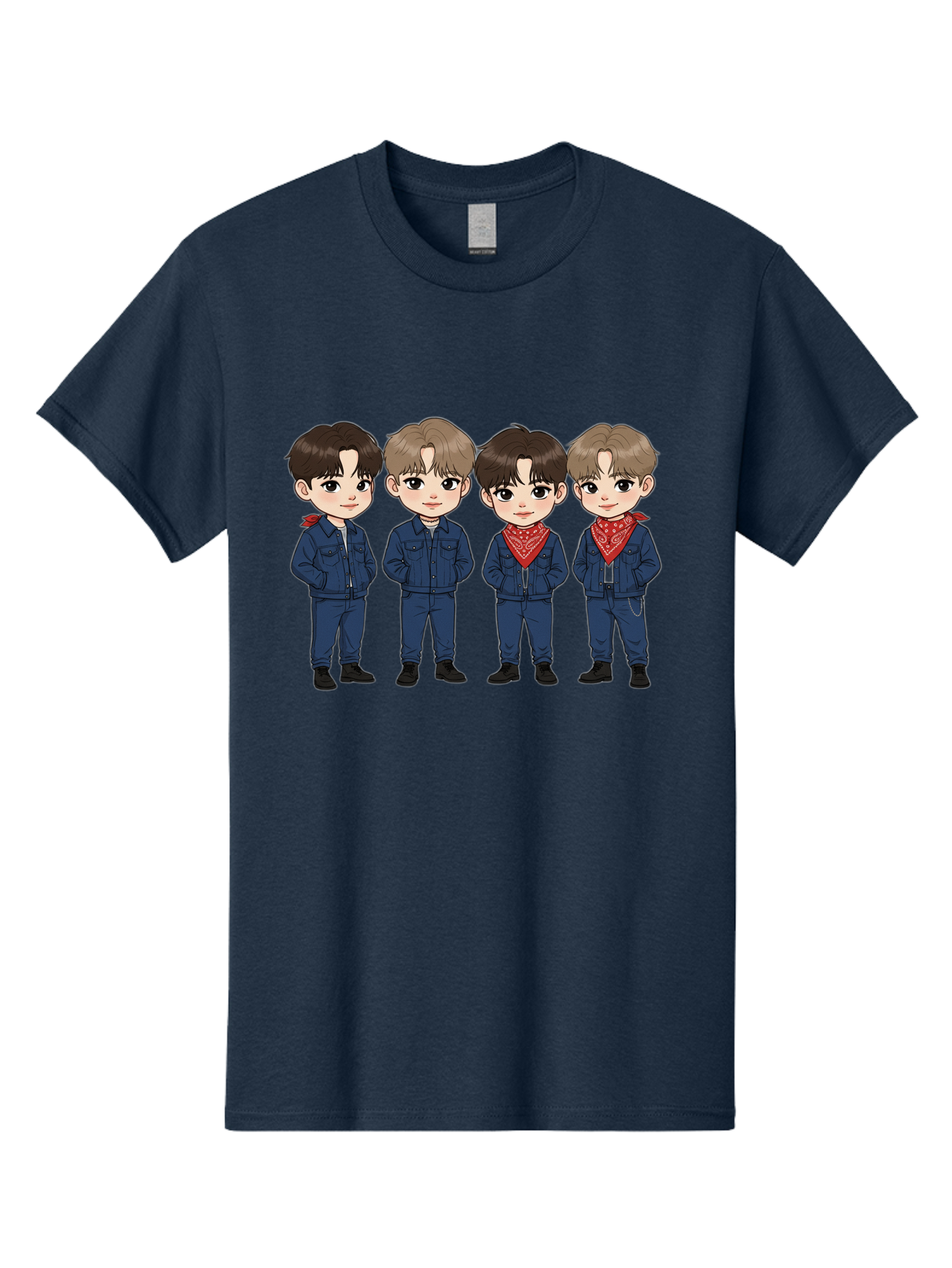 K-Pop-Boys Men'S Graphic Tee, 100% Cotton, Comfortable Casual Summer Wear, Machine Washable, Cartoon Boys, K-Pop Style, Blue Denim Outfits, Red Bandanas, Anime-Inspired Characters, Trendy Fashion, Youthful Energy, Group Portrait, Chibi Art, Bac088