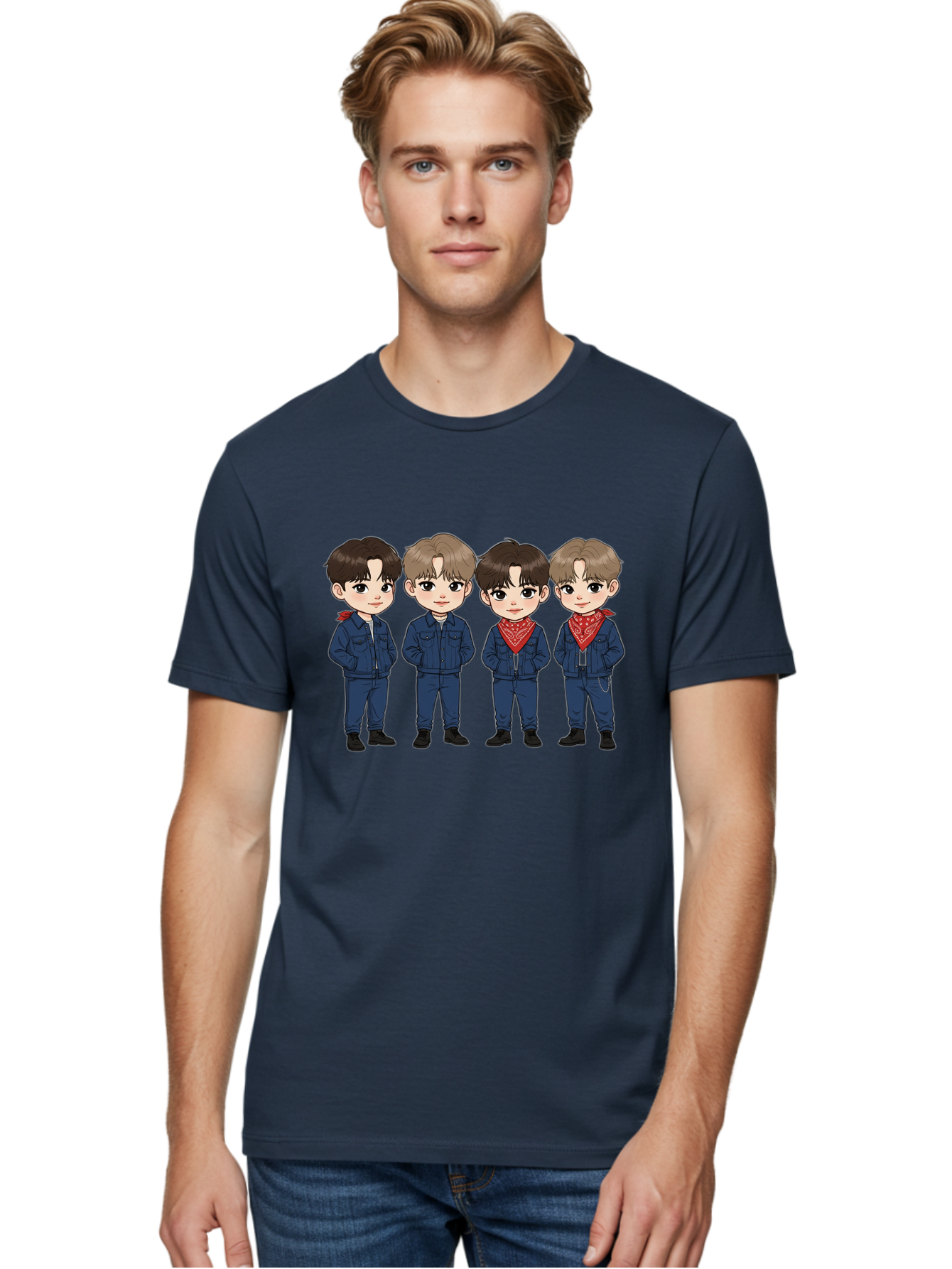 K-Pop-Boys Men'S Graphic Tee, 100% Cotton, Comfortable Casual Summer Wear, Machine Washable, Cartoon Boys, K-Pop Style, Blue Denim Outfits, Red Bandanas, Anime-Inspired Characters, Trendy Fashion, Youthful Energy, Group Portrait, Chibi Art, Bac088