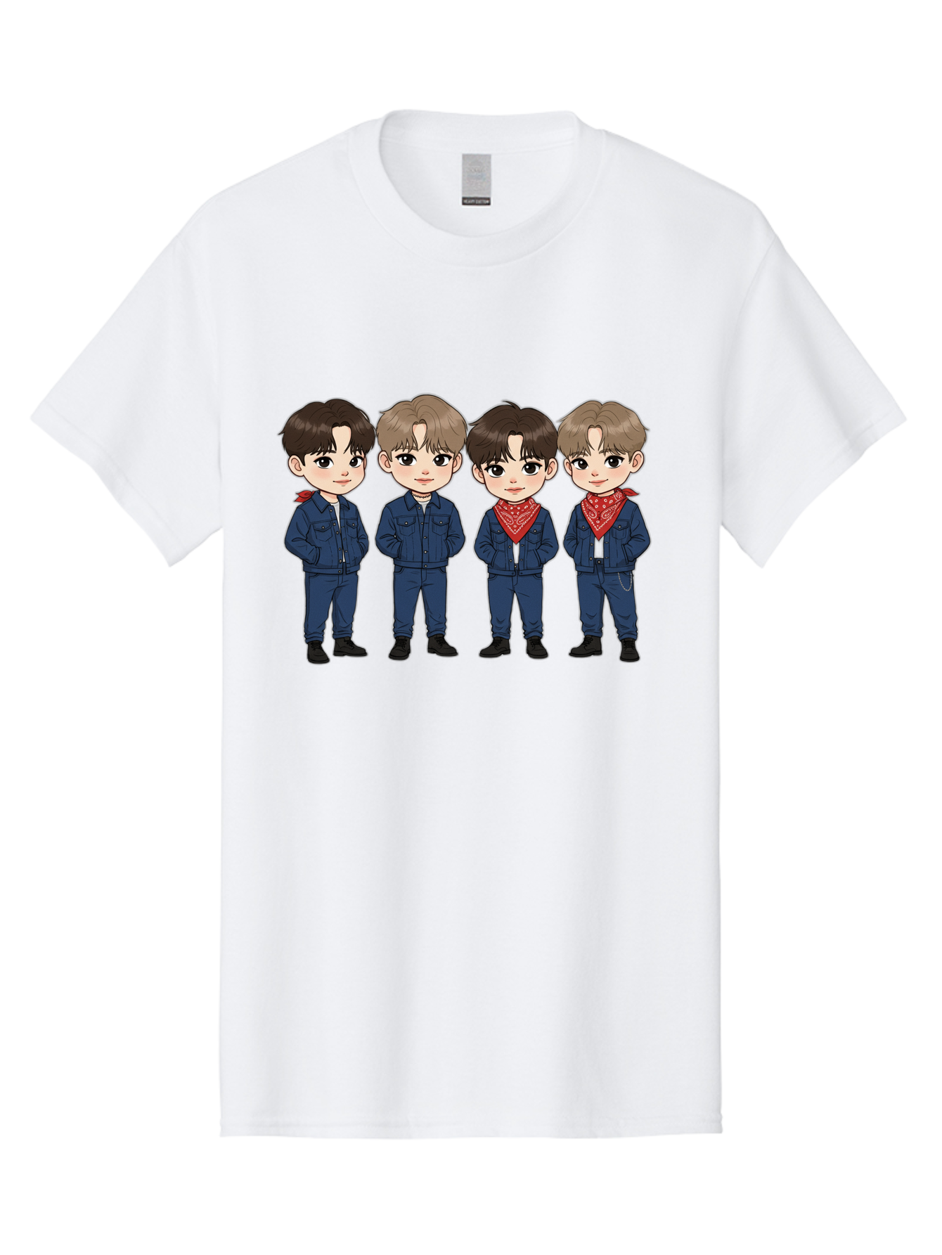K-Pop-Boys Men'S Graphic Tee, 100% Cotton, Comfortable Casual Summer Wear, Machine Washable, Cartoon Boys, K-Pop Style, Blue Denim Outfits, Red Bandanas, Anime-Inspired Characters, Trendy Fashion, Youthful Energy, Group Portrait, Chibi Art, Bac088