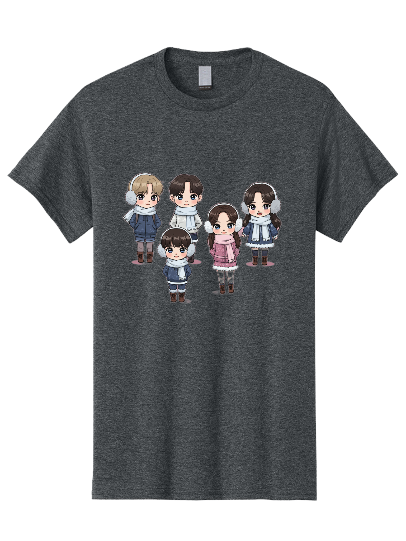K-Pop-Chibi-Characters Men'S Graphic Tee, 100% Cotton, Comfortable Casual Summer Wear, Machine Washable, Cartoon Children, Winter Clothing, Earmuffs, Scarves, Coats, Boots, Happy Faces, Kawaii Style, Cute Kids, Adorable Characters, Bac089