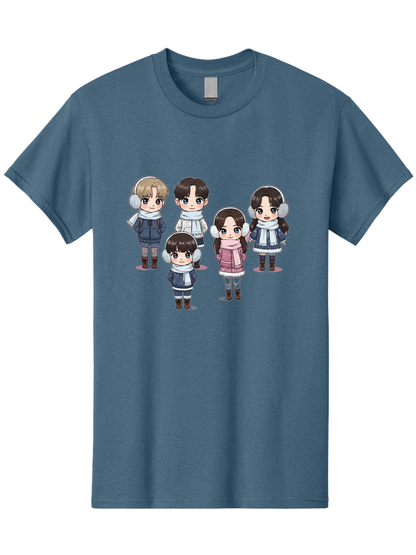 K-Pop-Chibi-Characters Men'S Graphic Tee, 100% Cotton, Comfortable Casual Summer Wear, Machine Washable, Cartoon Children, Winter Clothing, Earmuffs, Scarves, Coats, Boots, Happy Faces, Kawaii Style, Cute Kids, Adorable Characters, Bac089