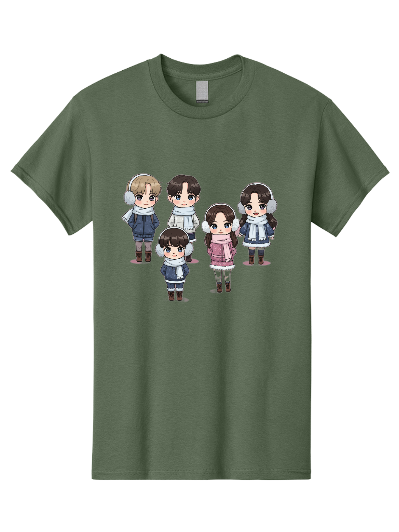 K-Pop-Chibi-Characters Men'S Graphic Tee, 100% Cotton, Comfortable Casual Summer Wear, Machine Washable, Cartoon Children, Winter Clothing, Earmuffs, Scarves, Coats, Boots, Happy Faces, Kawaii Style, Cute Kids, Adorable Characters, Bac089
