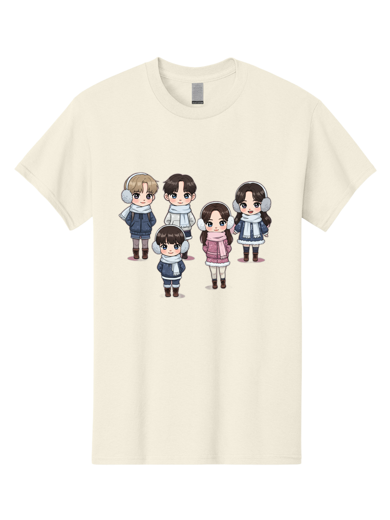 K-Pop-Chibi-Characters Men'S Graphic Tee, 100% Cotton, Comfortable Casual Summer Wear, Machine Washable, Cartoon Children, Winter Clothing, Earmuffs, Scarves, Coats, Boots, Happy Faces, Kawaii Style, Cute Kids, Adorable Characters, Bac089
