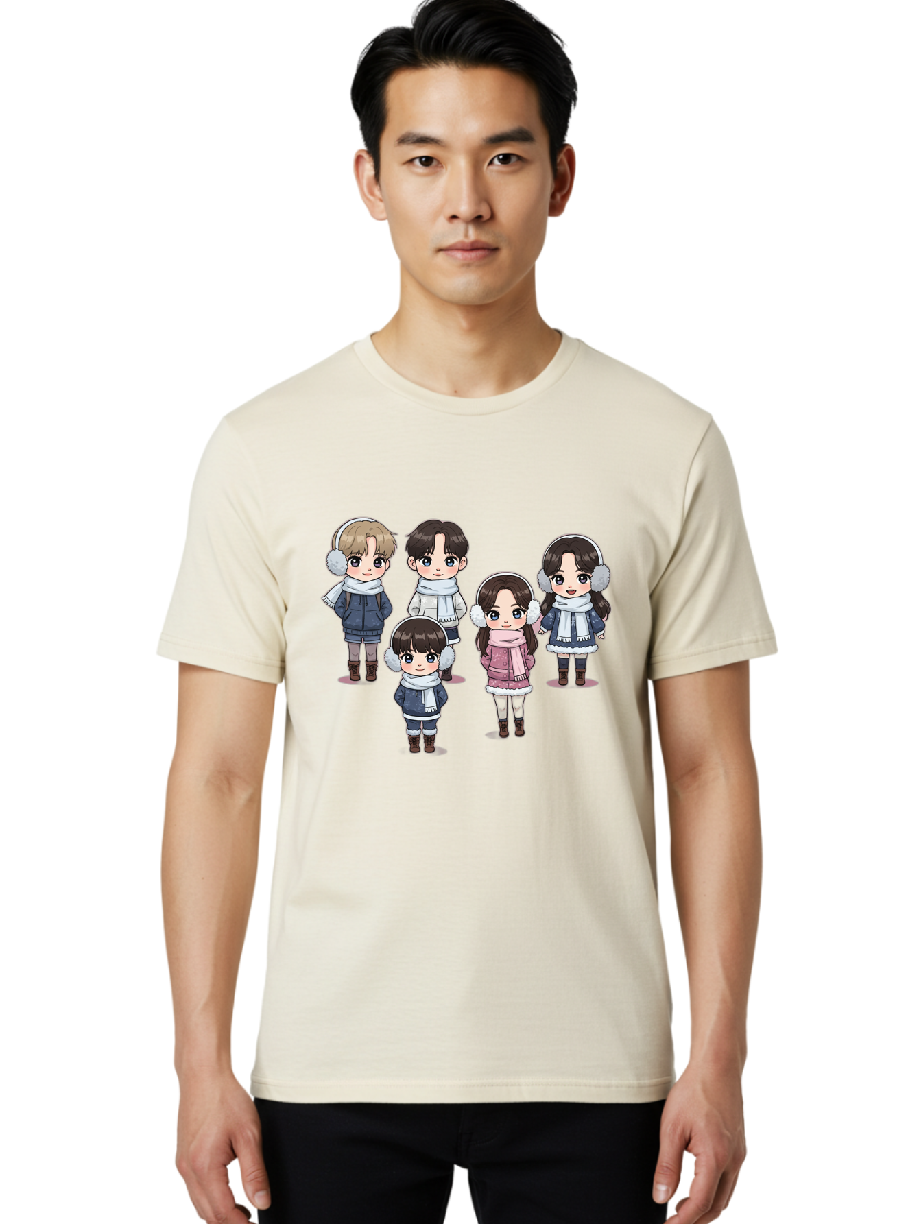 K-Pop-Chibi-Characters Men'S Graphic Tee, 100% Cotton, Comfortable Casual Summer Wear, Machine Washable, Cartoon Children, Winter Clothing, Earmuffs, Scarves, Coats, Boots, Happy Faces, Kawaii Style, Cute Kids, Adorable Characters, Bac089