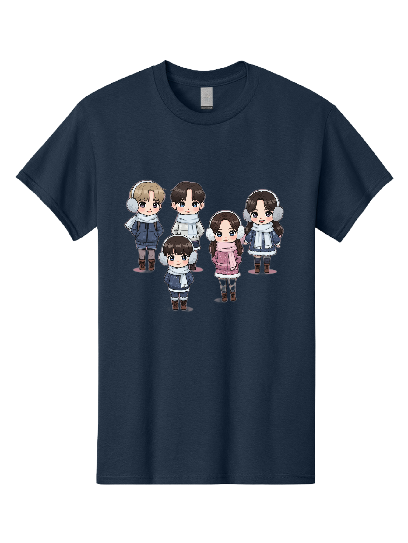 K-Pop-Chibi-Characters Men'S Graphic Tee, 100% Cotton, Comfortable Casual Summer Wear, Machine Washable, Cartoon Children, Winter Clothing, Earmuffs, Scarves, Coats, Boots, Happy Faces, Kawaii Style, Cute Kids, Adorable Characters, Bac089