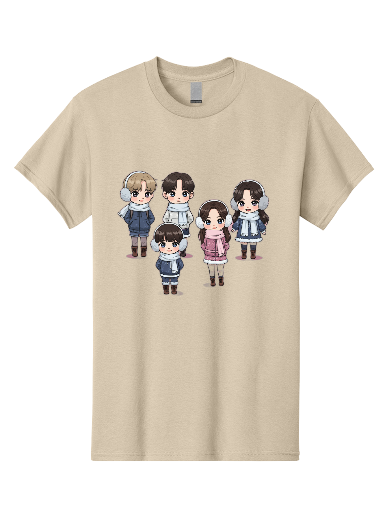 K-Pop-Chibi-Characters Men'S Graphic Tee, 100% Cotton, Comfortable Casual Summer Wear, Machine Washable, Cartoon Children, Winter Clothing, Earmuffs, Scarves, Coats, Boots, Happy Faces, Kawaii Style, Cute Kids, Adorable Characters, Bac089