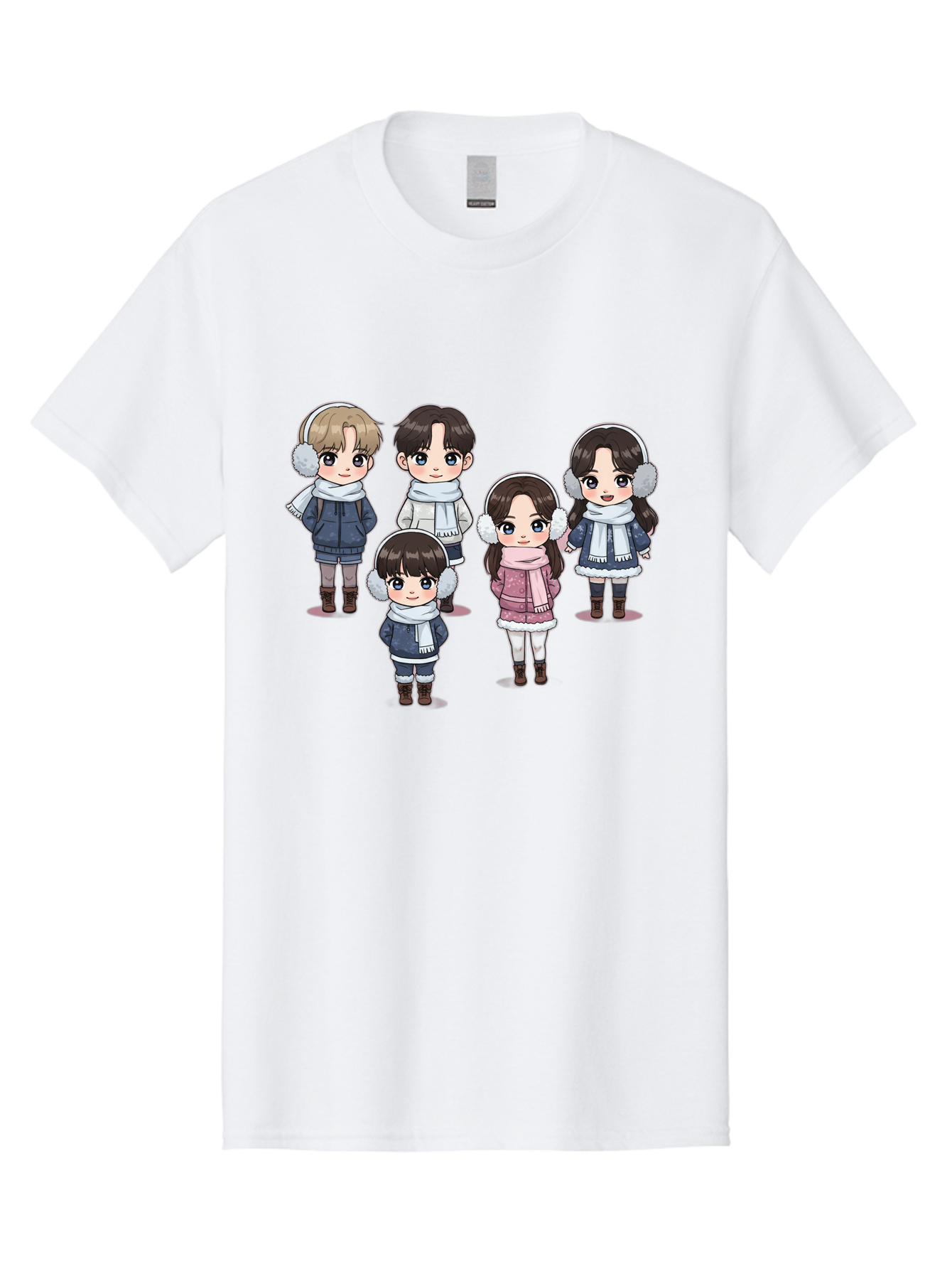 K-Pop-Chibi-Characters Men'S Graphic Tee, 100% Cotton, Comfortable Casual Summer Wear, Machine Washable, Cartoon Children, Winter Clothing, Earmuffs, Scarves, Coats, Boots, Happy Faces, Kawaii Style, Cute Kids, Adorable Characters, Bac089