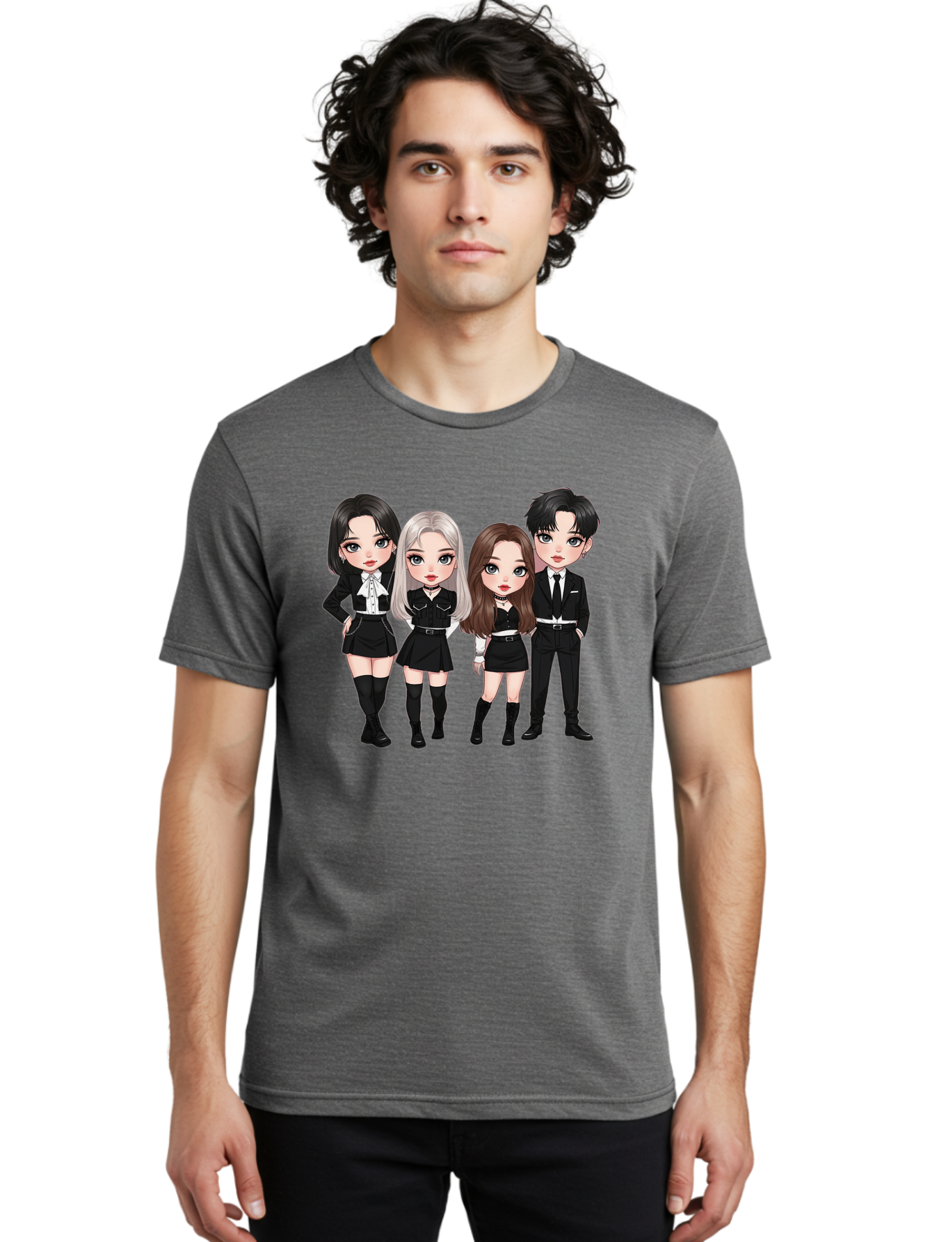 K-Pop-Group-1 Men'S Graphic Tee, 100% Cotton, Comfortable Casual Summer Wear, Machine Washable, K-Pop Group, Cartoon Characters, Black And White Outfits, Stylish Hairstyles, Confident Poses, Modern Fashion, Pop Culture Icons, Youth Culture, Bac090