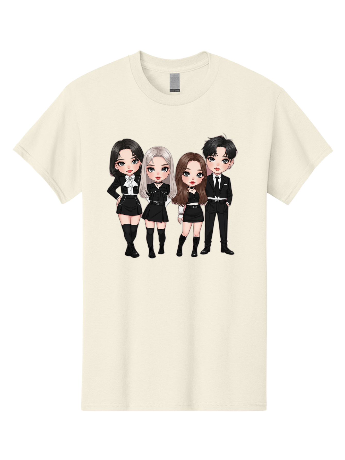 K-Pop-Group-1 Men'S Graphic Tee, 100% Cotton, Comfortable Casual Summer Wear, Machine Washable, K-Pop Group, Cartoon Characters, Black And White Outfits, Stylish Hairstyles, Confident Poses, Modern Fashion, Pop Culture Icons, Youth Culture, Bac090