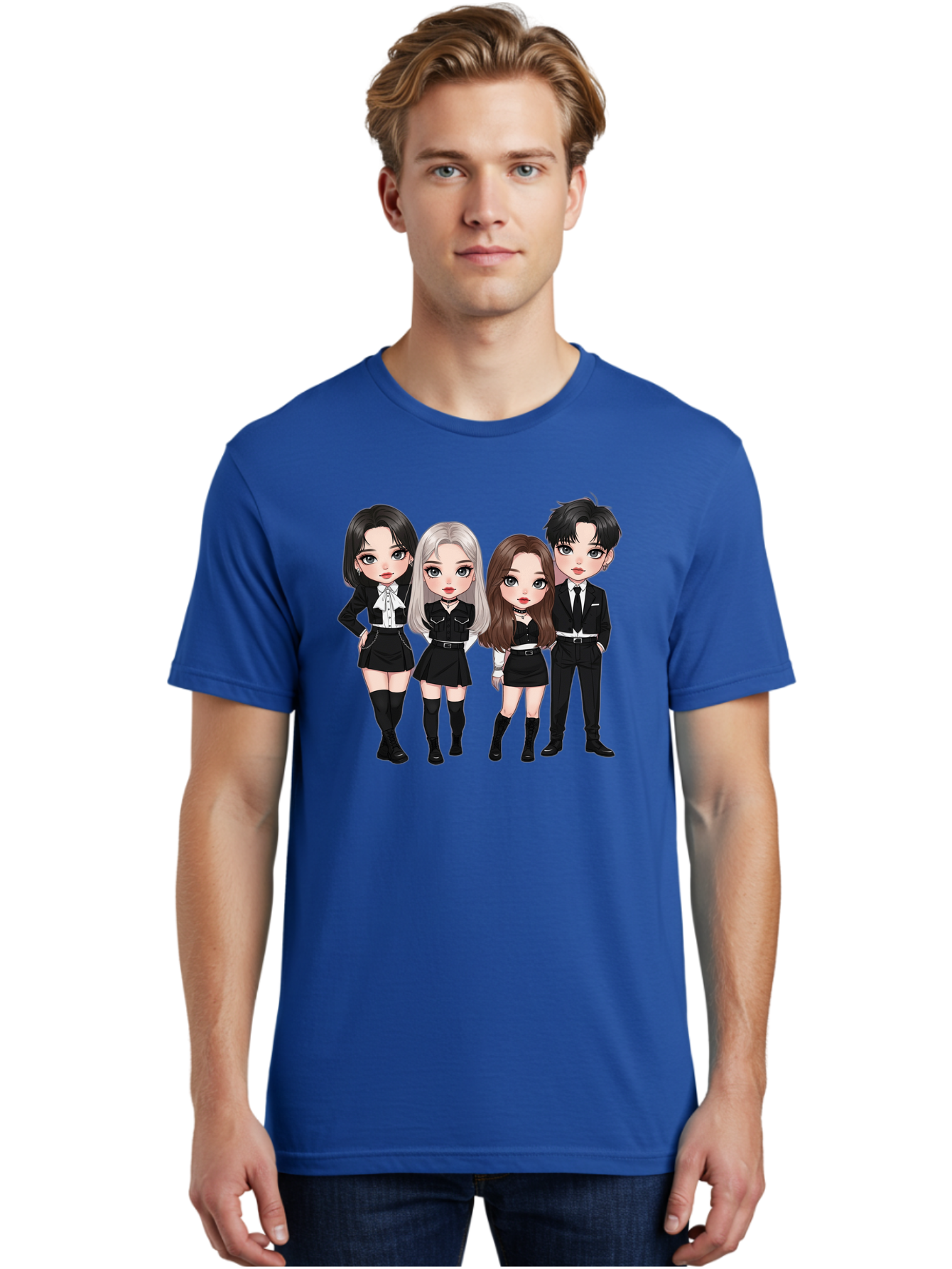 K-Pop-Group-1 Men'S Graphic Tee, 100% Cotton, Comfortable Casual Summer Wear, Machine Washable, K-Pop Group, Cartoon Characters, Black And White Outfits, Stylish Hairstyles, Confident Poses, Modern Fashion, Pop Culture Icons, Youth Culture, Bac090