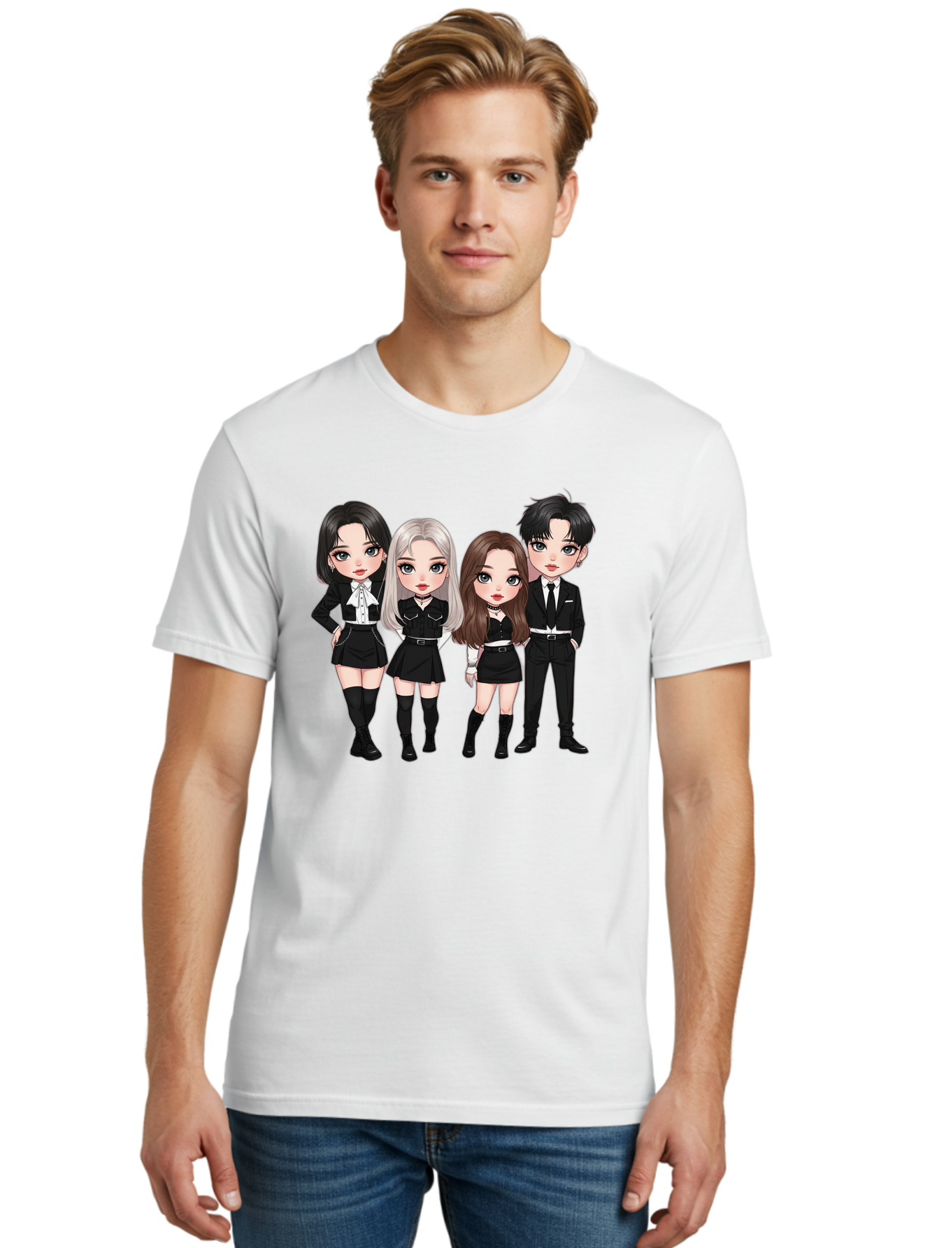 K-Pop-Group-1 Men'S Graphic Tee, 100% Cotton, Comfortable Casual Summer Wear, Machine Washable, K-Pop Group, Cartoon Characters, Black And White Outfits, Stylish Hairstyles, Confident Poses, Modern Fashion, Pop Culture Icons, Youth Culture, Bac090
