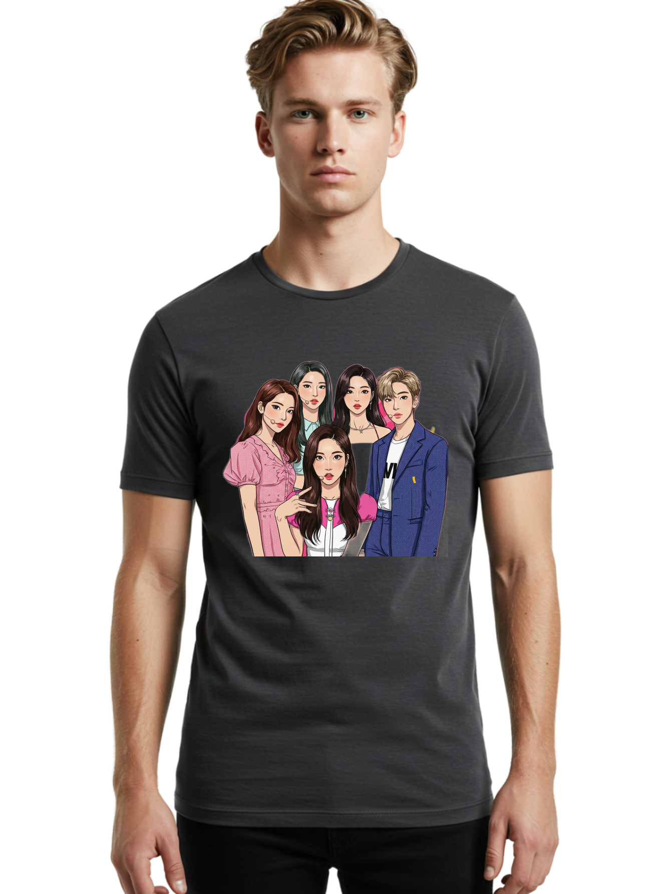 K-Pop-Group-3 Men'S Graphic Tee, 100% Cotton, Comfortable Casual Summer Wear, Machine Washable, K-Pop Idols, Fashion Illustration, Group Portrait, Stylish Clothing, Modern Pop Culture, Young Adults, Trendy Hairstyles, Pop Art Style, Bac092