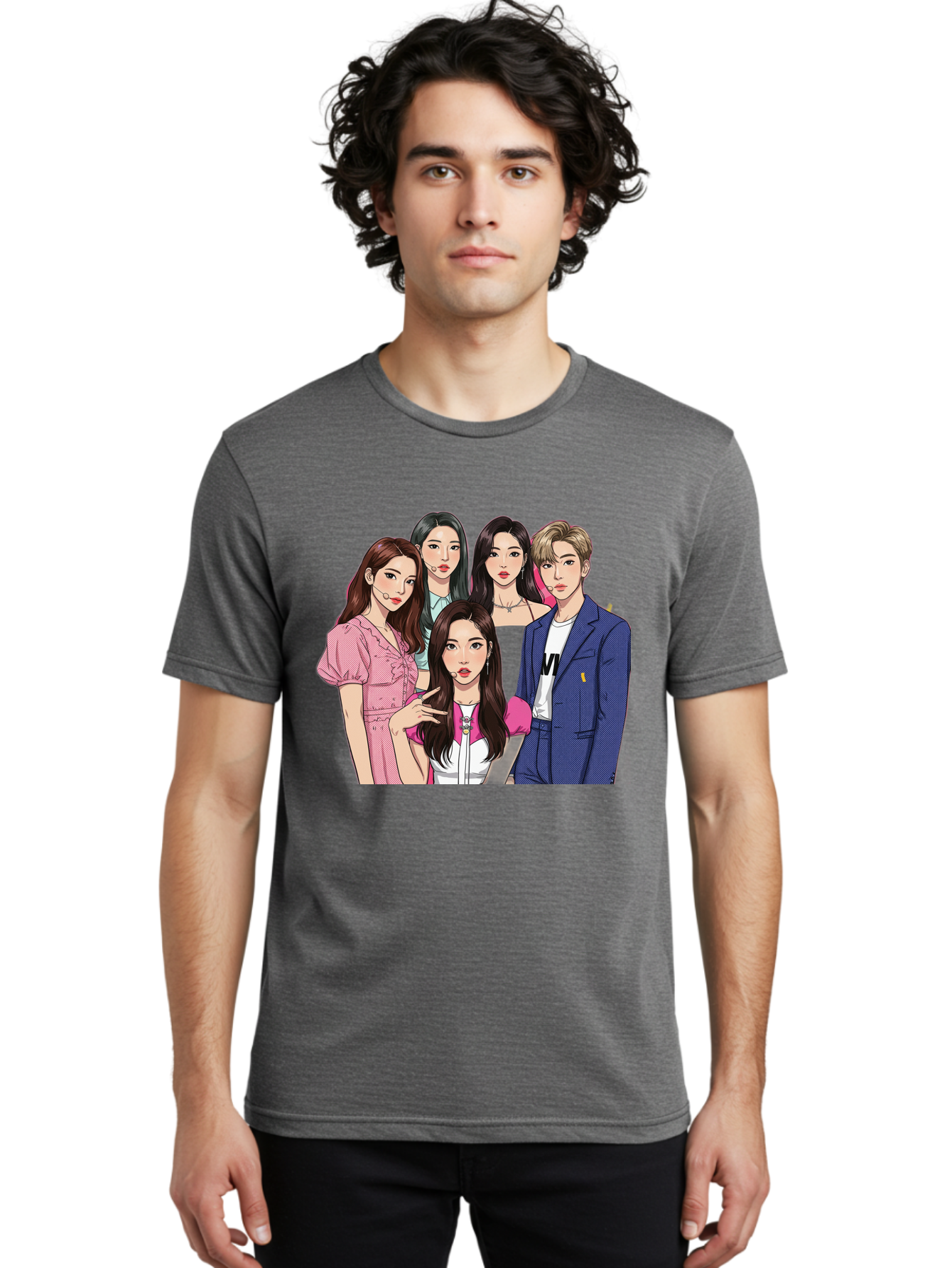 K-Pop-Group-3 Men'S Graphic Tee, 100% Cotton, Comfortable Casual Summer Wear, Machine Washable, K-Pop Idols, Fashion Illustration, Group Portrait, Stylish Clothing, Modern Pop Culture, Young Adults, Trendy Hairstyles, Pop Art Style, Bac092