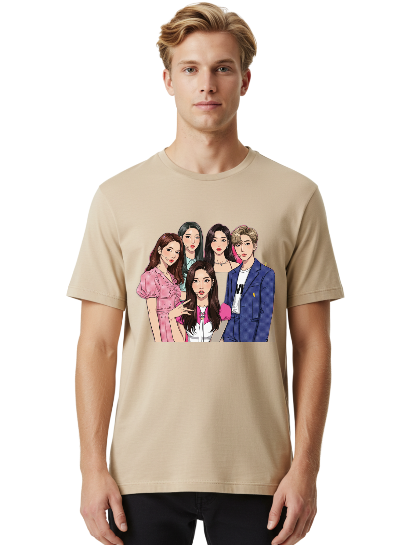 K-Pop-Group-3 Men'S Graphic Tee, 100% Cotton, Comfortable Casual Summer Wear, Machine Washable, K-Pop Idols, Fashion Illustration, Group Portrait, Stylish Clothing, Modern Pop Culture, Young Adults, Trendy Hairstyles, Pop Art Style, Bac092