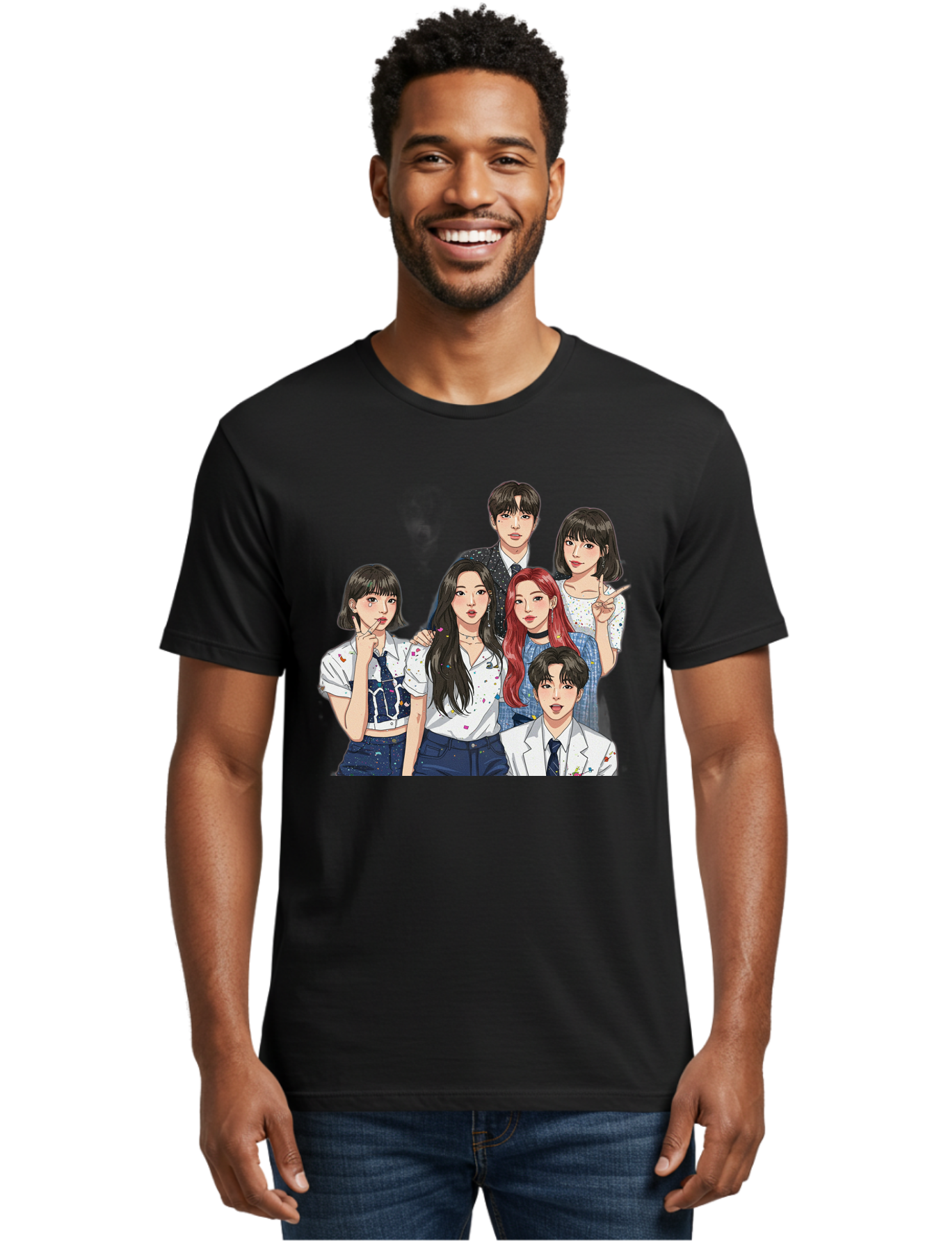K-Pop-Group-4 Men'S Graphic Tee, 100% Cotton, Comfortable Casual Summer Wear, Machine Washable, K-Pop Group Illustration, Young Idols, Fashion Style, Casual Wear, Formal Wear, Colorful Hair, Pop Culture, Entertainment Industry, Group Portrait, Bac093