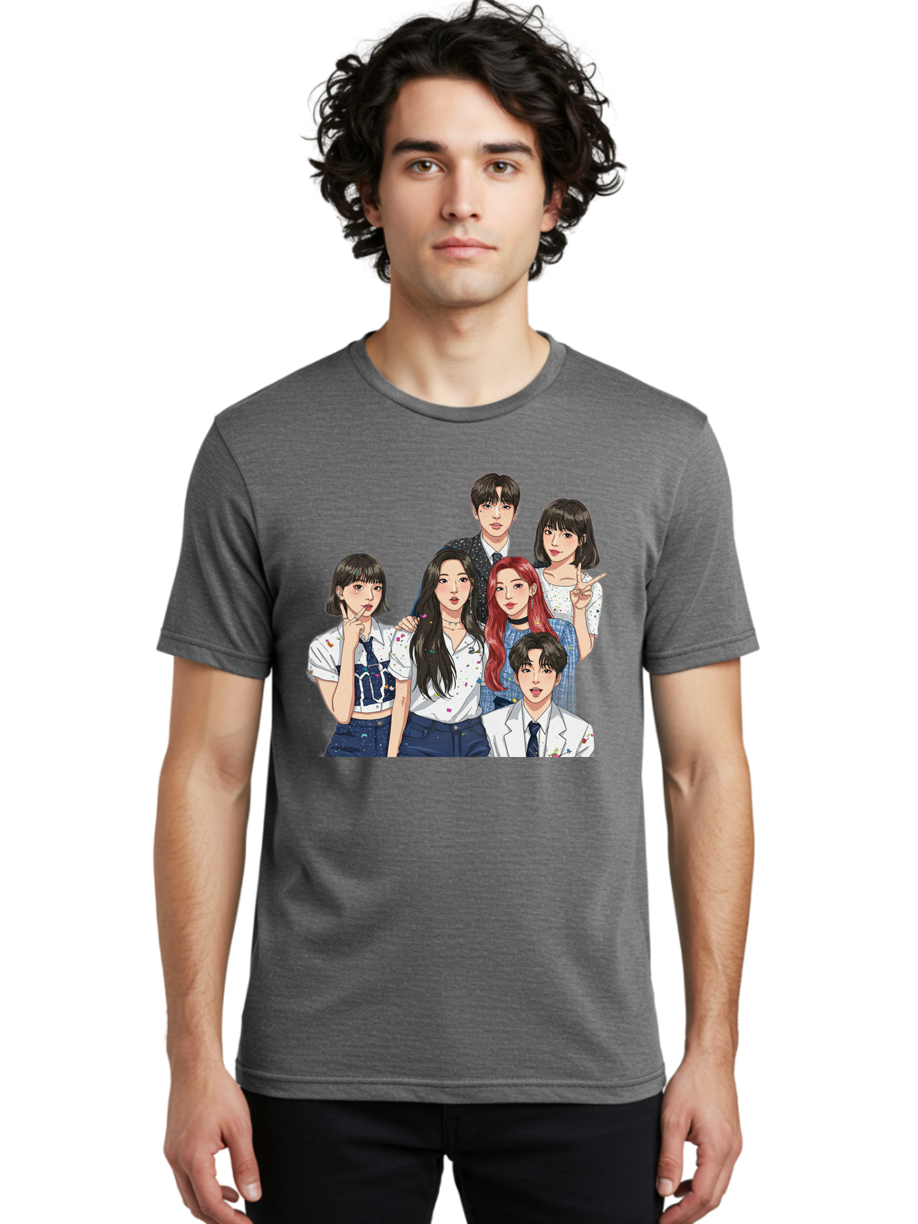 K-Pop-Group-4 Men'S Graphic Tee, 100% Cotton, Comfortable Casual Summer Wear, Machine Washable, K-Pop Group Illustration, Young Idols, Fashion Style, Casual Wear, Formal Wear, Colorful Hair, Pop Culture, Entertainment Industry, Group Portrait, Bac093