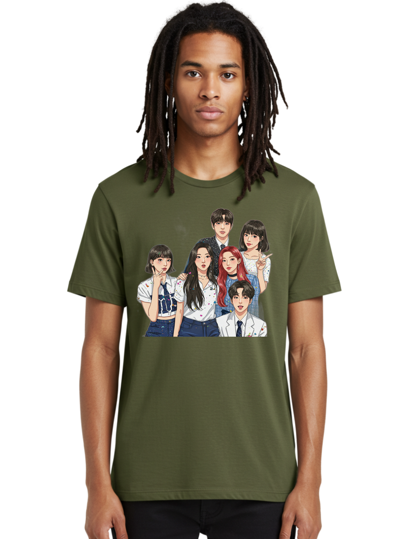 K-Pop-Group-4 Men'S Graphic Tee, 100% Cotton, Comfortable Casual Summer Wear, Machine Washable, K-Pop Group Illustration, Young Idols, Fashion Style, Casual Wear, Formal Wear, Colorful Hair, Pop Culture, Entertainment Industry, Group Portrait, Bac093