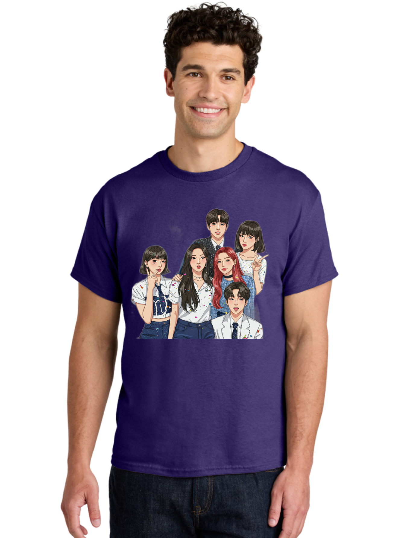 K-Pop-Group-4 Men'S Graphic Tee, 100% Cotton, Comfortable Casual Summer Wear, Machine Washable, K-Pop Group Illustration, Young Idols, Fashion Style, Casual Wear, Formal Wear, Colorful Hair, Pop Culture, Entertainment Industry, Group Portrait, Bac093