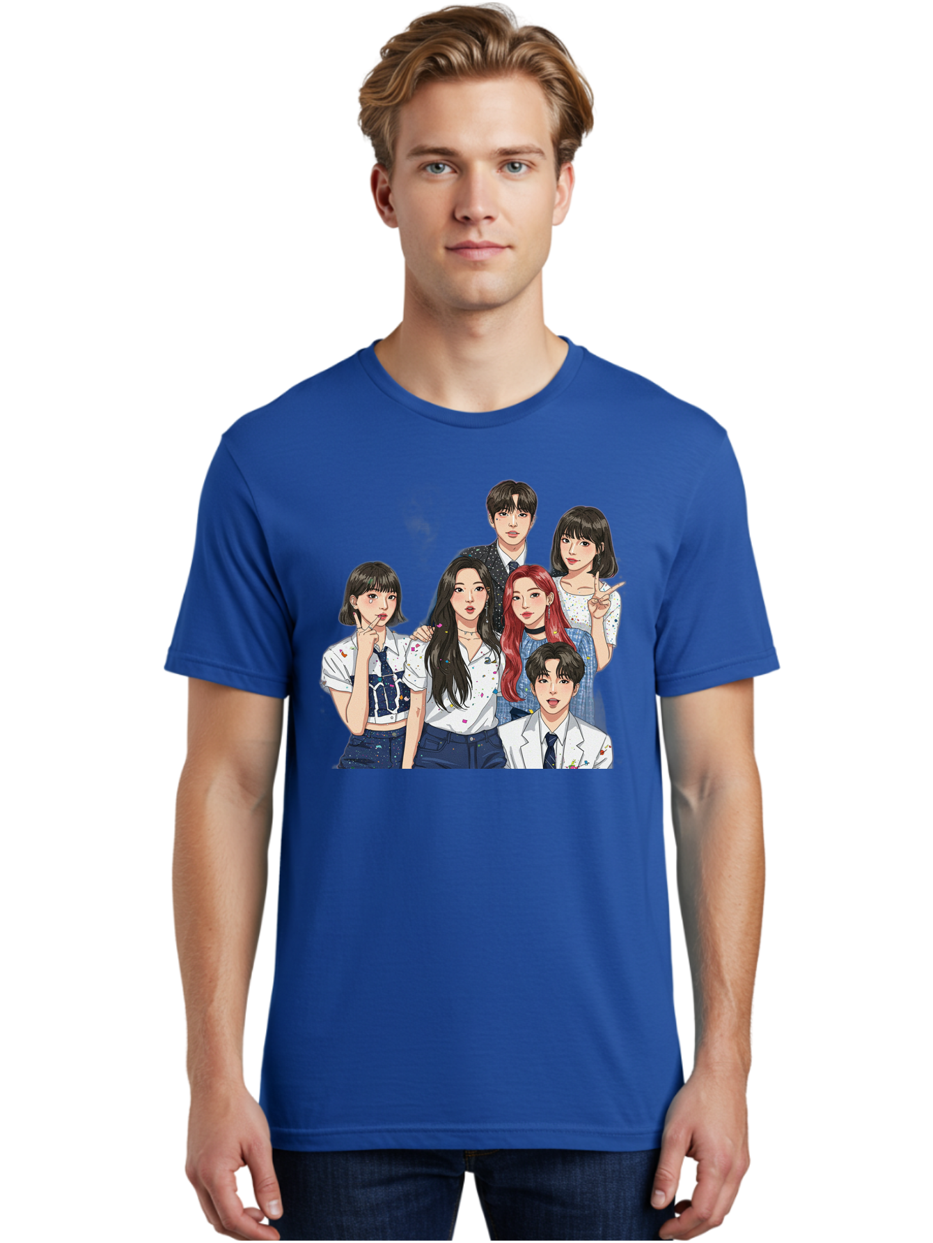 K-Pop-Group-4 Men'S Graphic Tee, 100% Cotton, Comfortable Casual Summer Wear, Machine Washable, K-Pop Group Illustration, Young Idols, Fashion Style, Casual Wear, Formal Wear, Colorful Hair, Pop Culture, Entertainment Industry, Group Portrait, Bac093