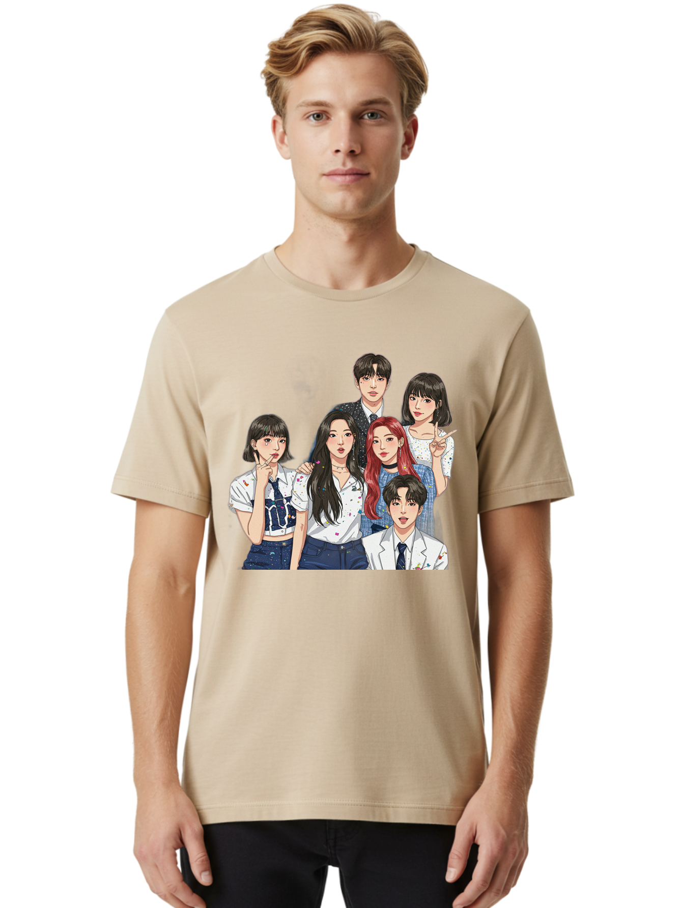 K-Pop-Group-4 Men'S Graphic Tee, 100% Cotton, Comfortable Casual Summer Wear, Machine Washable, K-Pop Group Illustration, Young Idols, Fashion Style, Casual Wear, Formal Wear, Colorful Hair, Pop Culture, Entertainment Industry, Group Portrait, Bac093