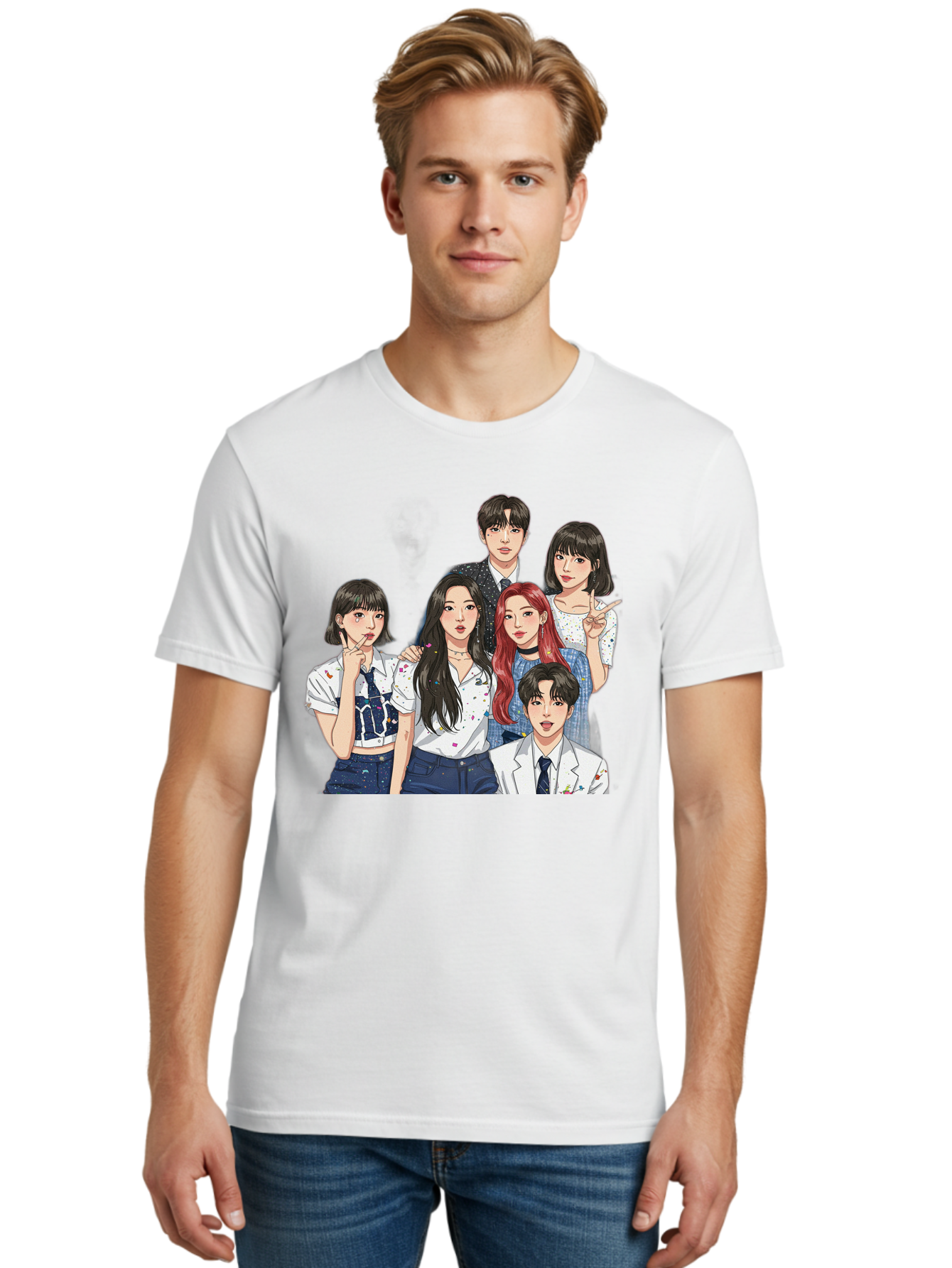 K-Pop-Group-4 Men'S Graphic Tee, 100% Cotton, Comfortable Casual Summer Wear, Machine Washable, K-Pop Group Illustration, Young Idols, Fashion Style, Casual Wear, Formal Wear, Colorful Hair, Pop Culture, Entertainment Industry, Group Portrait, Bac093