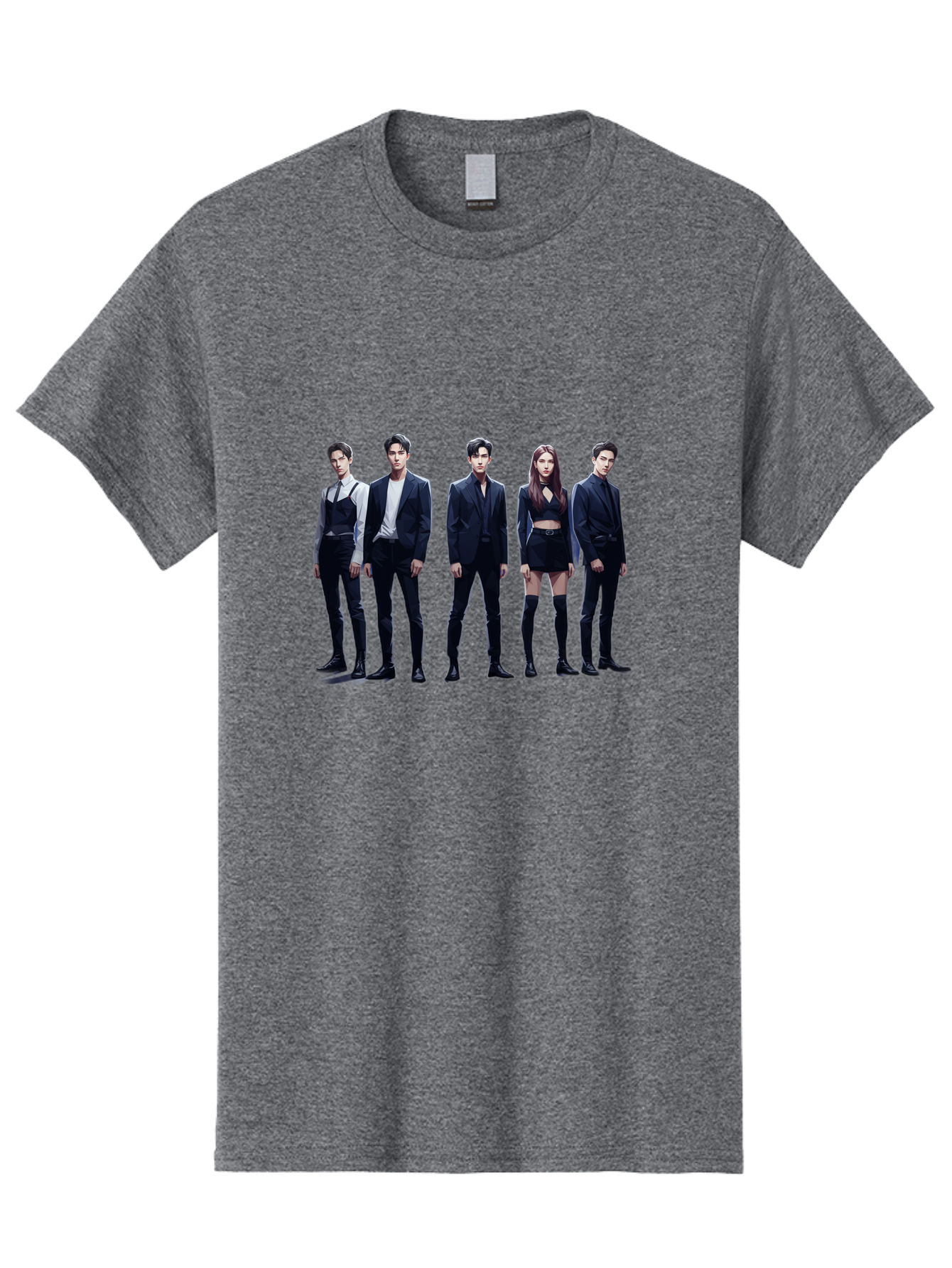 K-Pop-Group-5 Men'S Graphic Tee, 100% Cotton, Comfortable Casual Summer Wear, Machine Washable, K-Pop Group Promotional Image, Fashion Models Posing, Black Outfits, Edgy Style, Modern Fashion Trends, Stylish Attire, Minimalist Chic Bac094