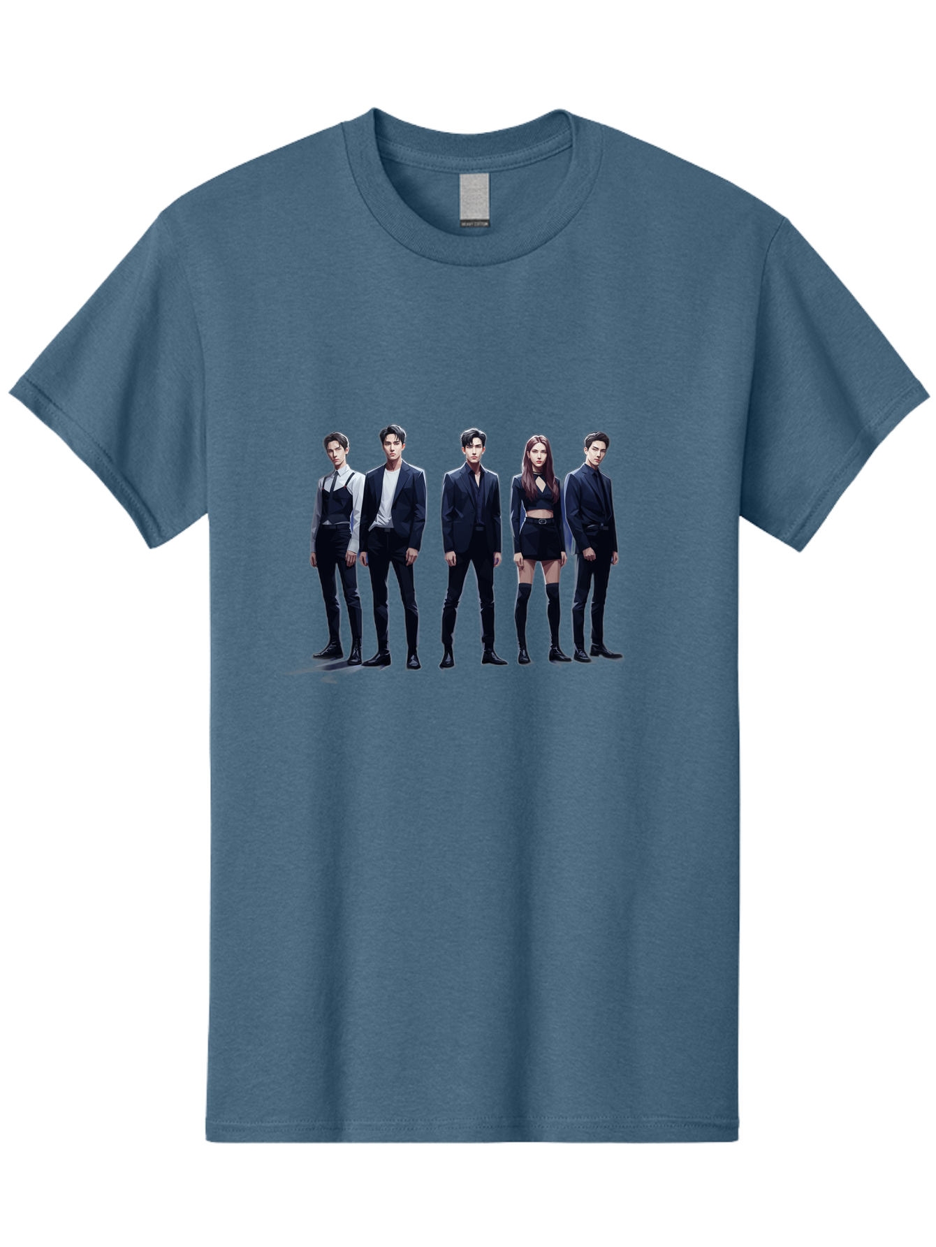 K-Pop-Group-5 Men'S Graphic Tee, 100% Cotton, Comfortable Casual Summer Wear, Machine Washable, K-Pop Group Promotional Image, Fashion Models Posing, Black Outfits, Edgy Style, Modern Fashion Trends, Stylish Attire, Minimalist Chic Bac094