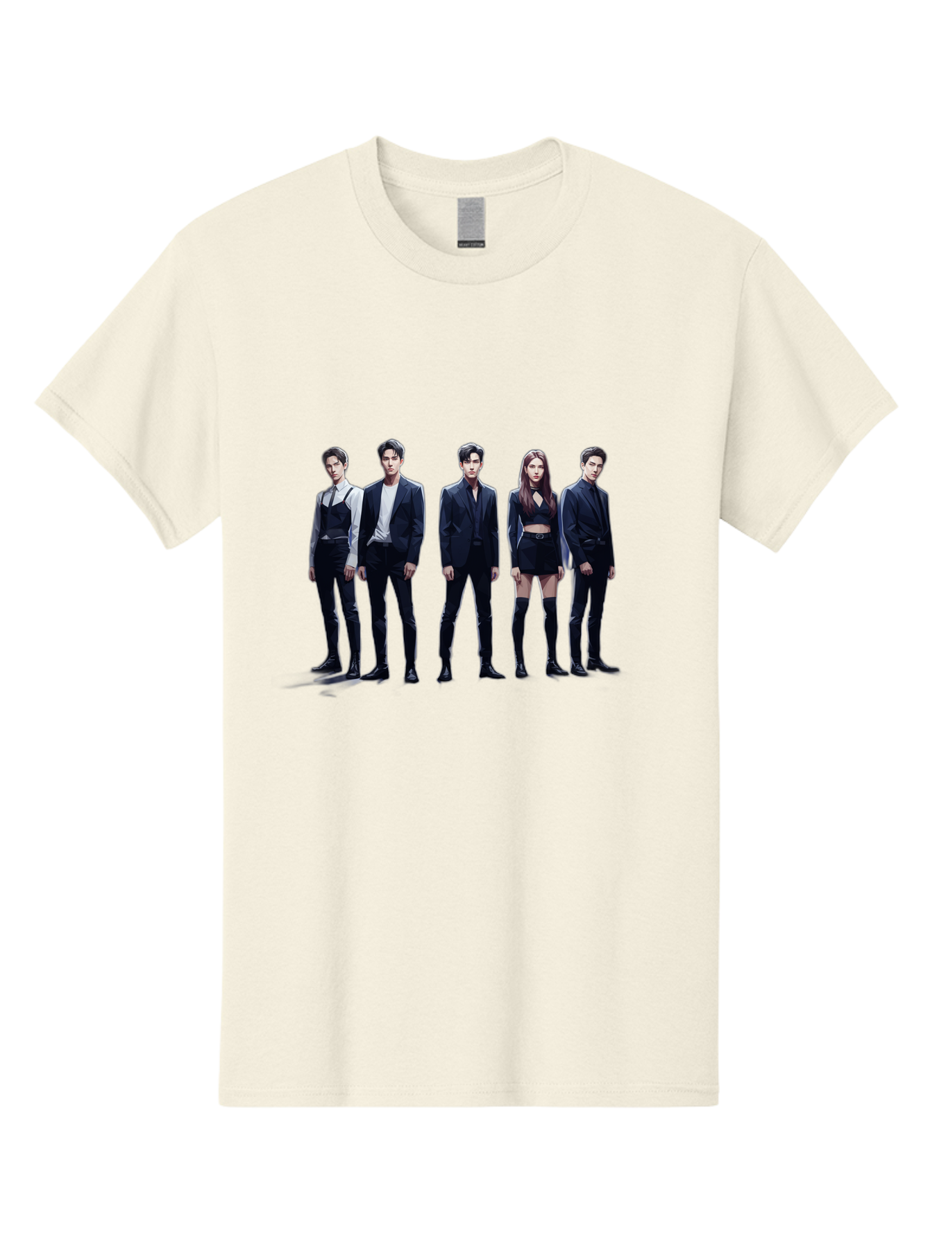 K-Pop-Group-5 Men'S Graphic Tee, 100% Cotton, Comfortable Casual Summer Wear, Machine Washable, K-Pop Group Promotional Image, Fashion Models Posing, Black Outfits, Edgy Style, Modern Fashion Trends, Stylish Attire, Minimalist Chic Bac094