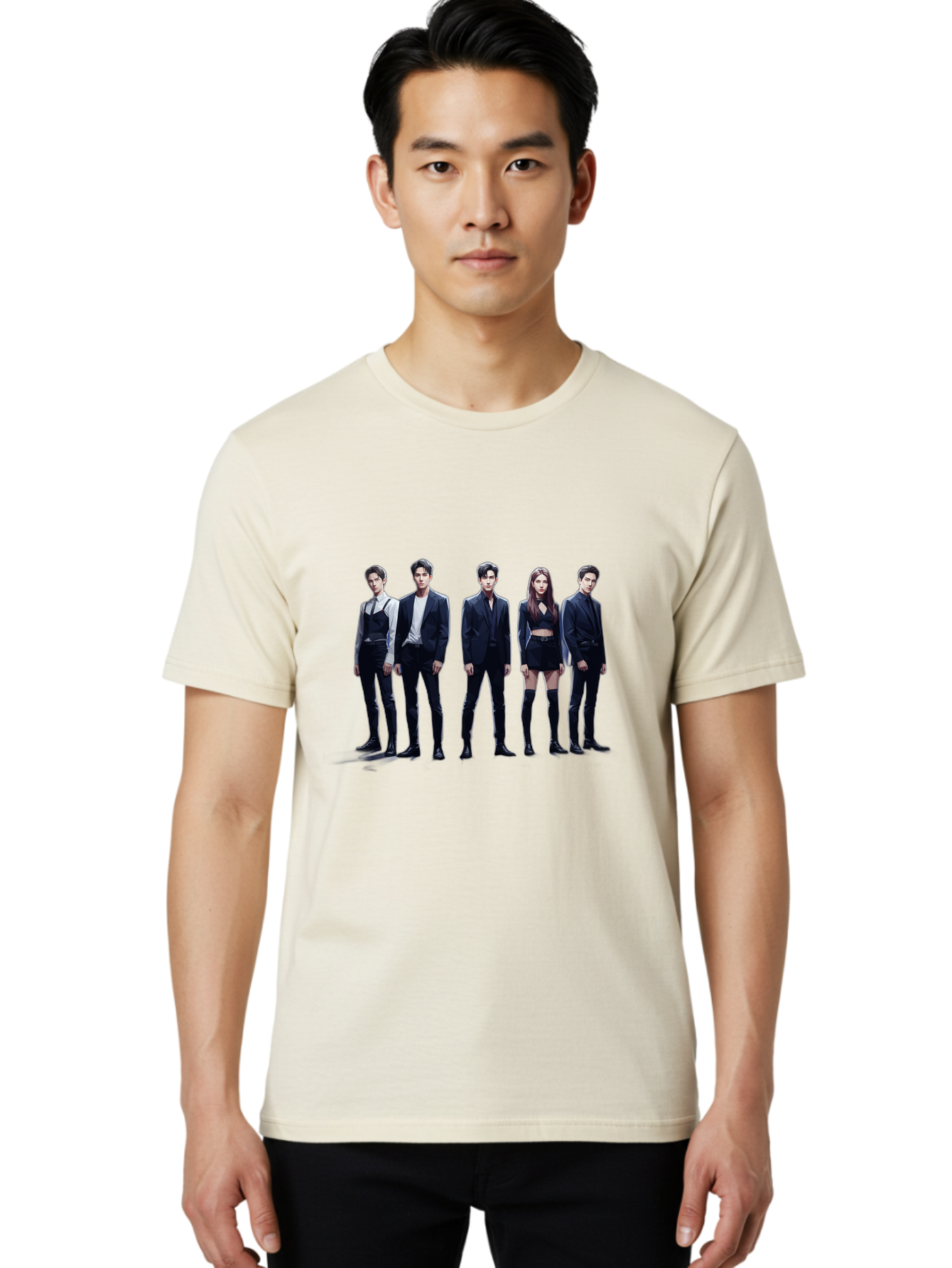 K-Pop-Group-5 Men'S Graphic Tee, 100% Cotton, Comfortable Casual Summer Wear, Machine Washable, K-Pop Group Promotional Image, Fashion Models Posing, Black Outfits, Edgy Style, Modern Fashion Trends, Stylish Attire, Minimalist Chic Bac094
