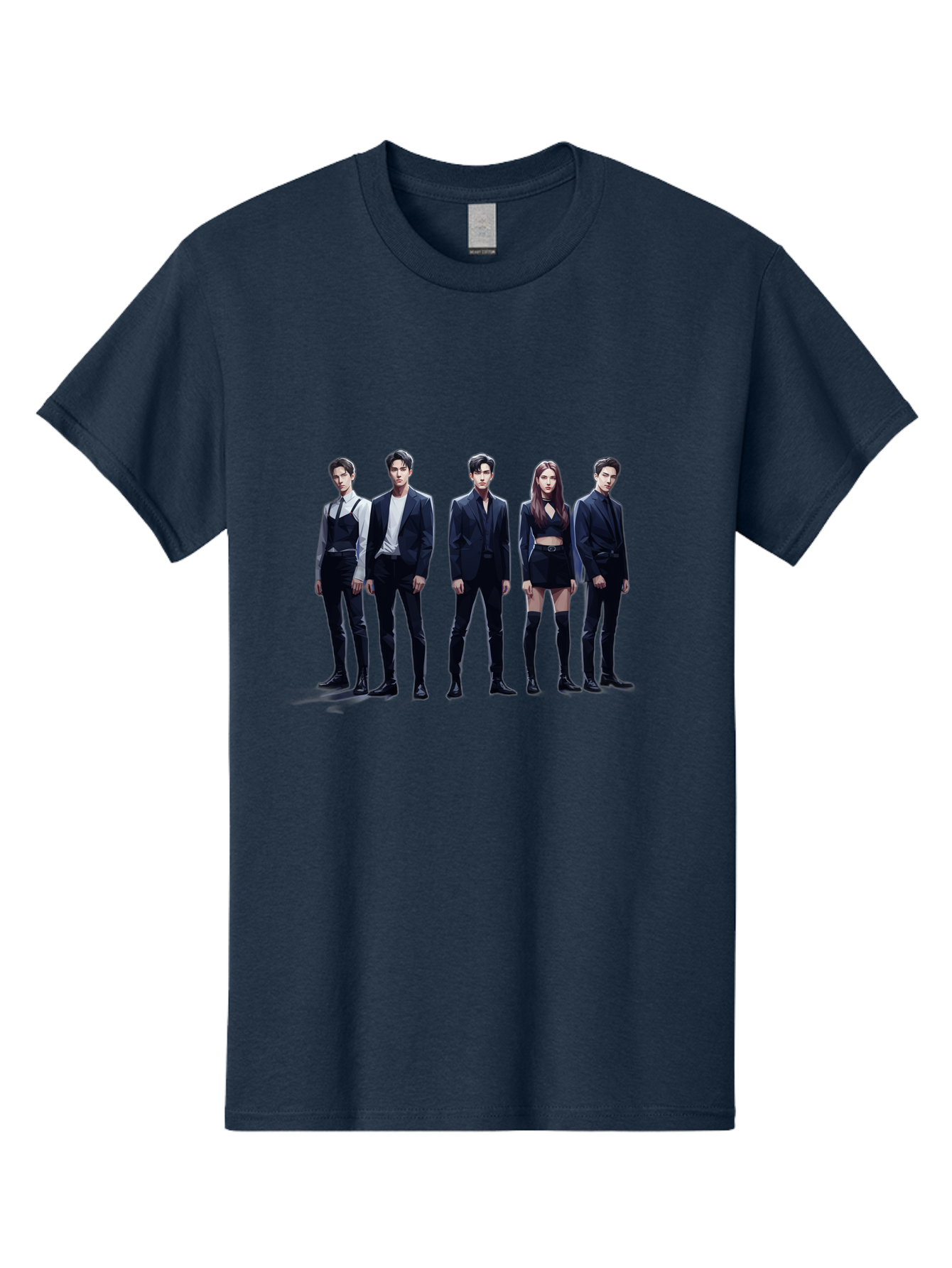 K-Pop-Group-5 Men'S Graphic Tee, 100% Cotton, Comfortable Casual Summer Wear, Machine Washable, K-Pop Group Promotional Image, Fashion Models Posing, Black Outfits, Edgy Style, Modern Fashion Trends, Stylish Attire, Minimalist Chic Bac094