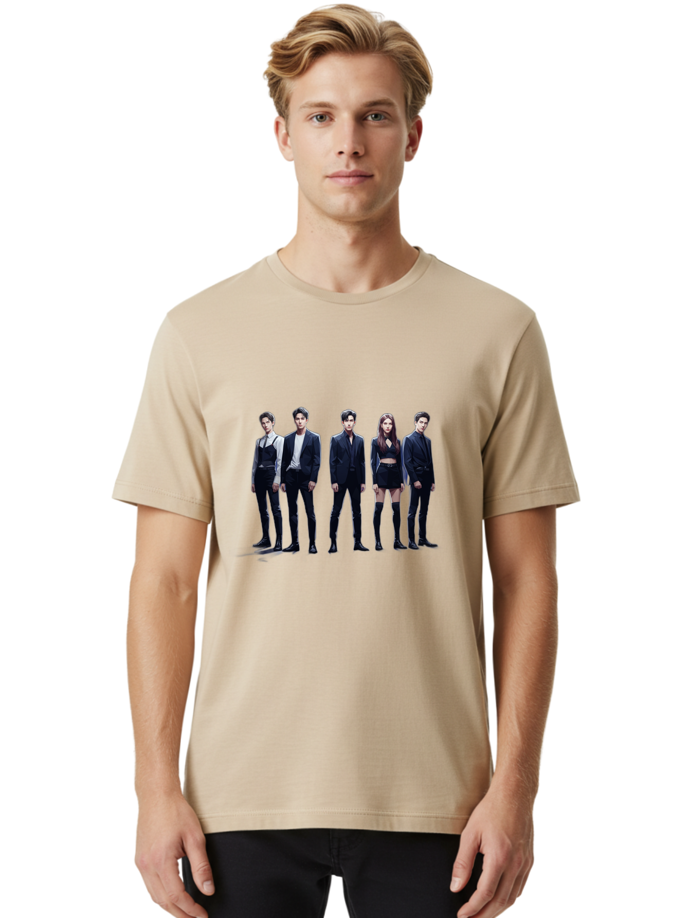 K-Pop-Group-5 Men'S Graphic Tee, 100% Cotton, Comfortable Casual Summer Wear, Machine Washable, K-Pop Group Promotional Image, Fashion Models Posing, Black Outfits, Edgy Style, Modern Fashion Trends, Stylish Attire, Minimalist Chic Bac094