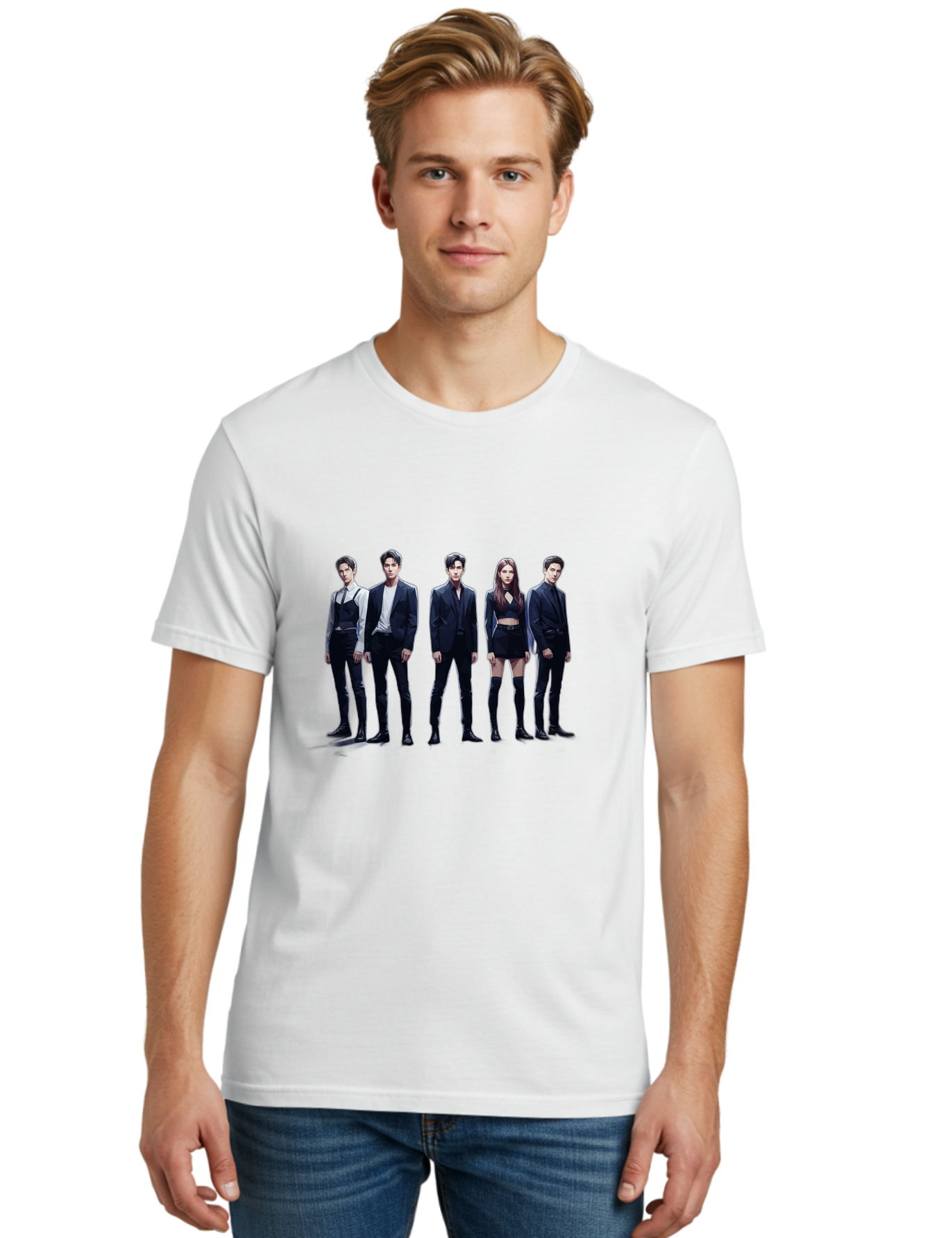 K-Pop-Group-5 Men'S Graphic Tee, 100% Cotton, Comfortable Casual Summer Wear, Machine Washable, K-Pop Group Promotional Image, Fashion Models Posing, Black Outfits, Edgy Style, Modern Fashion Trends, Stylish Attire, Minimalist Chic Bac094
