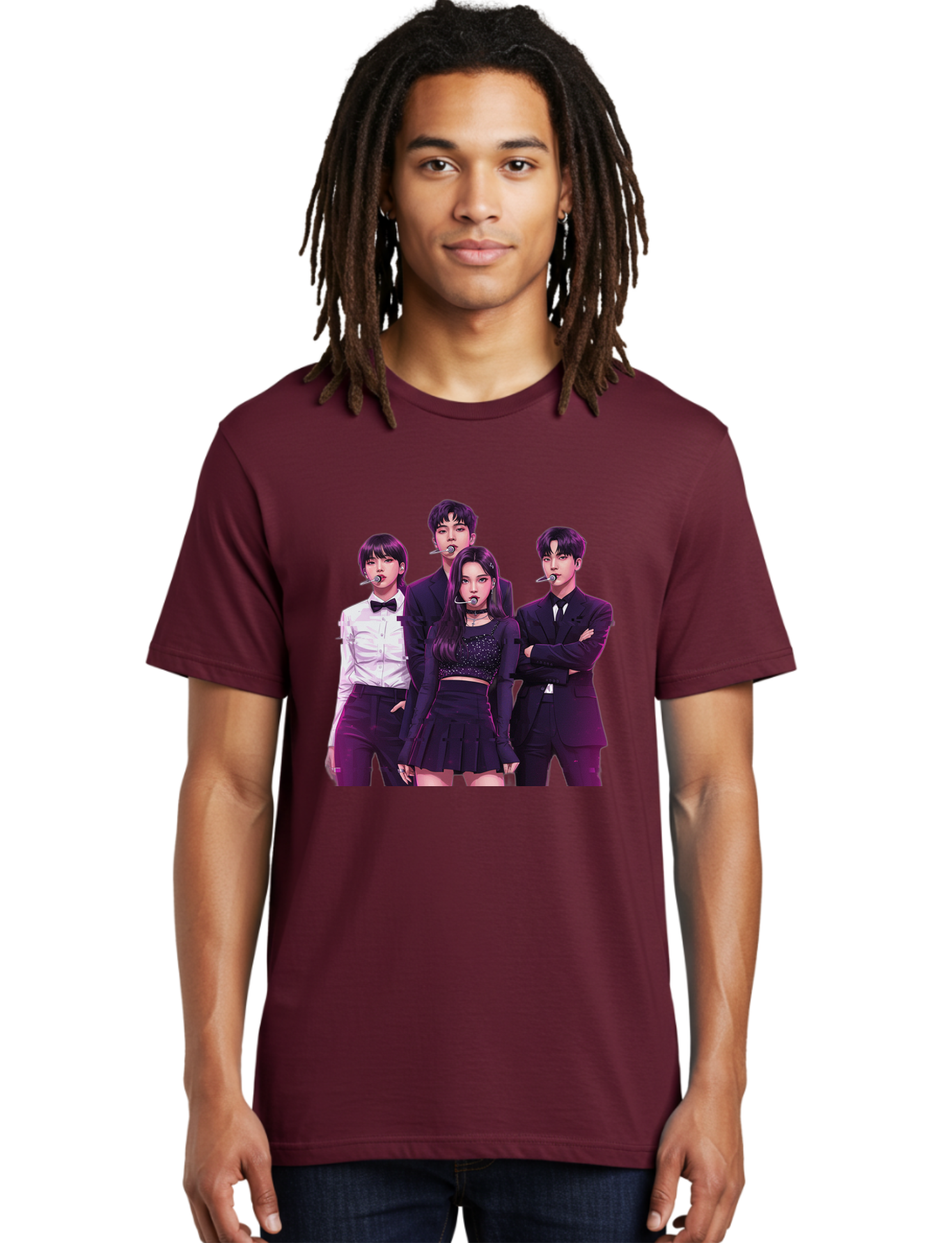 K-Pop-Group-6 Men'S Graphic Tee, 100% Cotton, Comfortable Casual Summer Wear, Machine Washable, K-Pop Performers, Group Portrait, Microphone Headset, Formal Attire, Black And White Clothing, Fashion Style, Music Industry, Pop Culture, Bac095