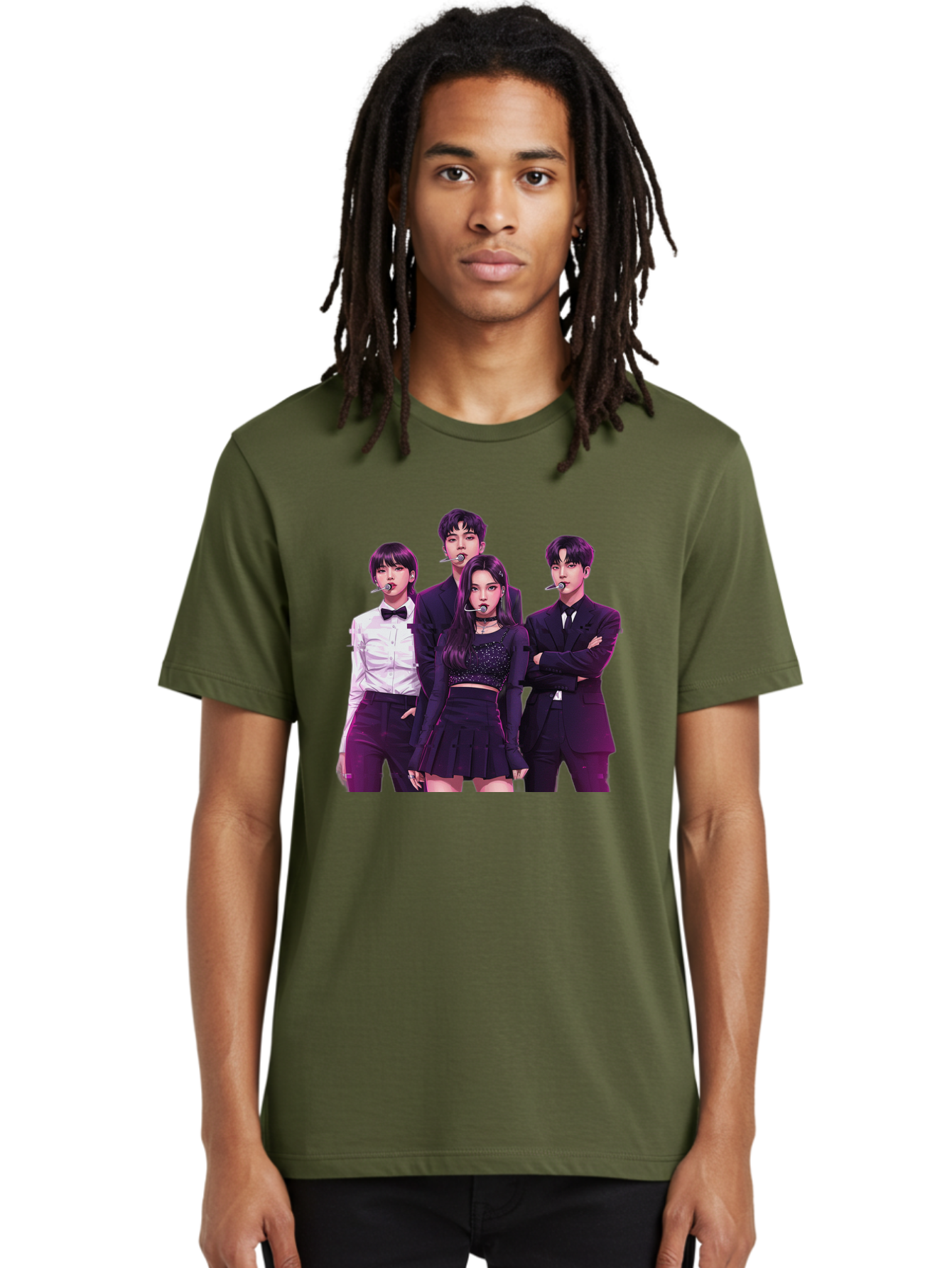 K-Pop-Group-6 Men'S Graphic Tee, 100% Cotton, Comfortable Casual Summer Wear, Machine Washable, K-Pop Performers, Group Portrait, Microphone Headset, Formal Attire, Black And White Clothing, Fashion Style, Music Industry, Pop Culture, Bac095