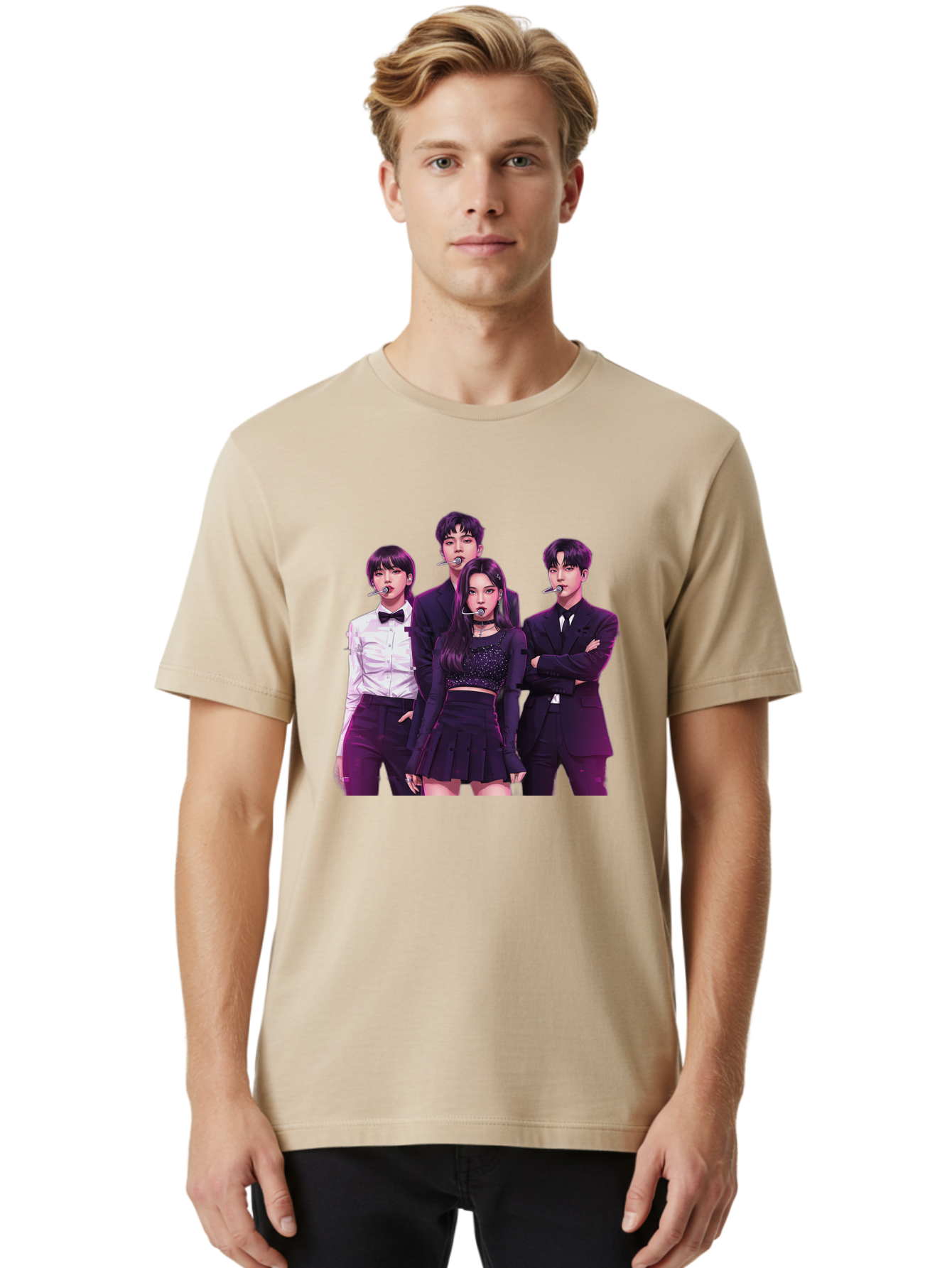K-Pop-Group-6 Men'S Graphic Tee, 100% Cotton, Comfortable Casual Summer Wear, Machine Washable, K-Pop Performers, Group Portrait, Microphone Headset, Formal Attire, Black And White Clothing, Fashion Style, Music Industry, Pop Culture, Bac095