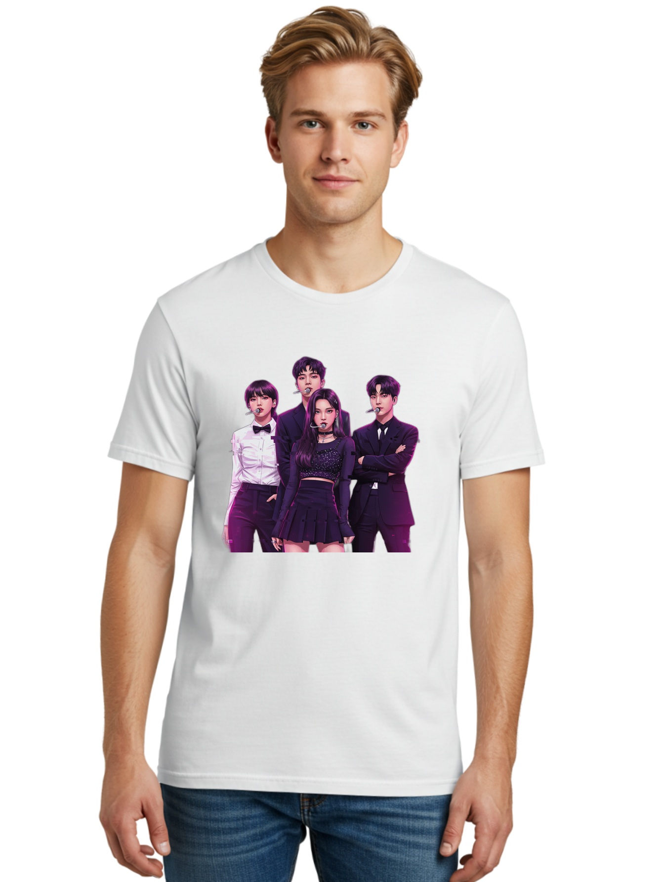 K-Pop-Group-6 Men'S Graphic Tee, 100% Cotton, Comfortable Casual Summer Wear, Machine Washable, K-Pop Performers, Group Portrait, Microphone Headset, Formal Attire, Black And White Clothing, Fashion Style, Music Industry, Pop Culture, Bac095