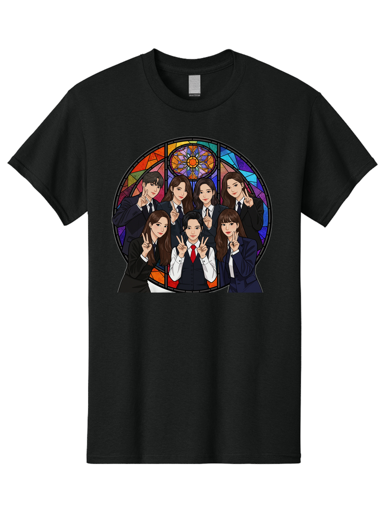K-Pop-Group-7 Men'S Graphic Tee, 100% Cotton, Comfortable Casual Summer Wear, Machine Washable, K-Pop Group Illustration, Stained Glass Window, School Uniforms, Peace Signs, K-Pop Fashion, Group Portrait, Colorful Background, K-Pop Idols, Bac096