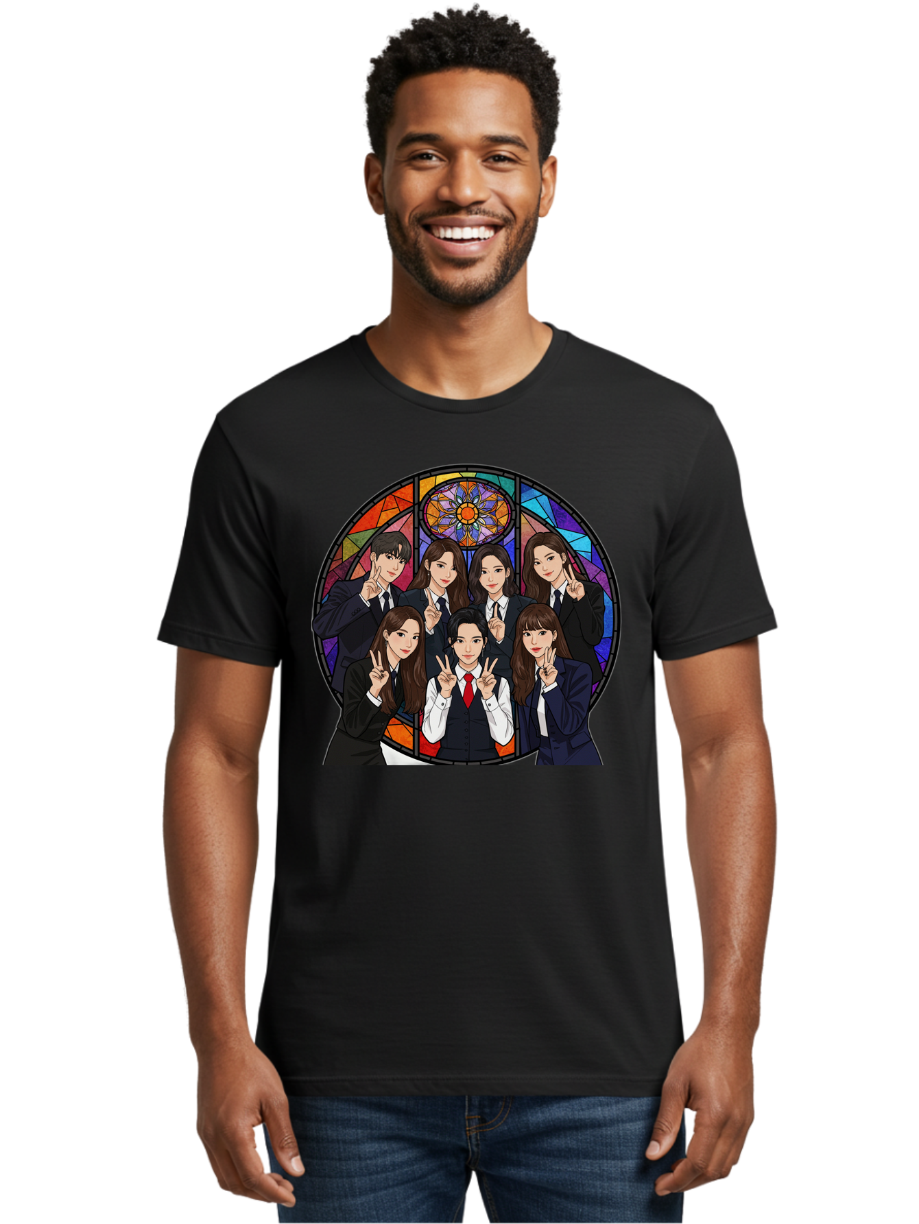 K-Pop-Group-7 Men'S Graphic Tee, 100% Cotton, Comfortable Casual Summer Wear, Machine Washable, K-Pop Group Illustration, Stained Glass Window, School Uniforms, Peace Signs, K-Pop Fashion, Group Portrait, Colorful Background, K-Pop Idols, Bac096