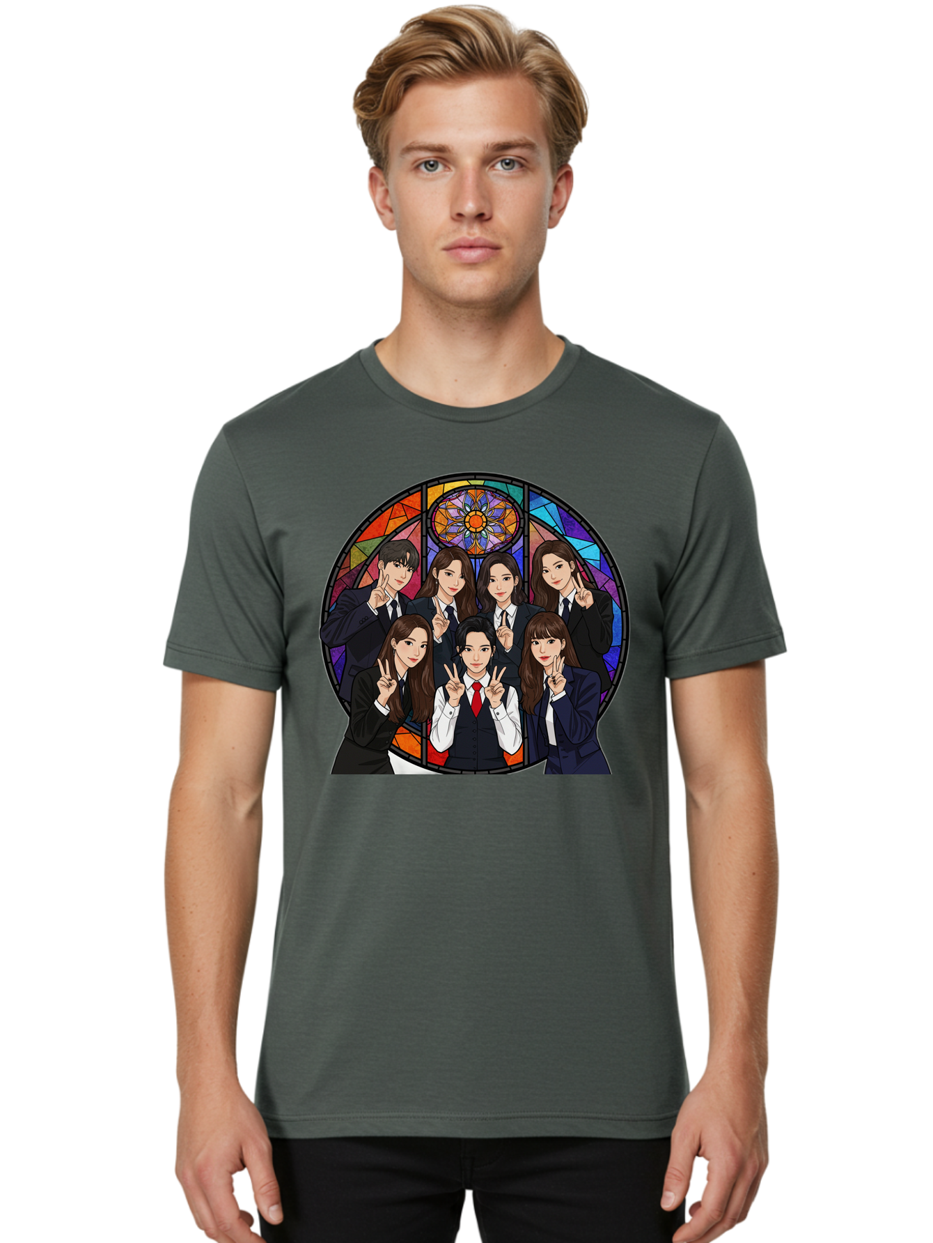 K-Pop-Group-7 Men'S Graphic Tee, 100% Cotton, Comfortable Casual Summer Wear, Machine Washable, K-Pop Group Illustration, Stained Glass Window, School Uniforms, Peace Signs, K-Pop Fashion, Group Portrait, Colorful Background, K-Pop Idols, Bac096